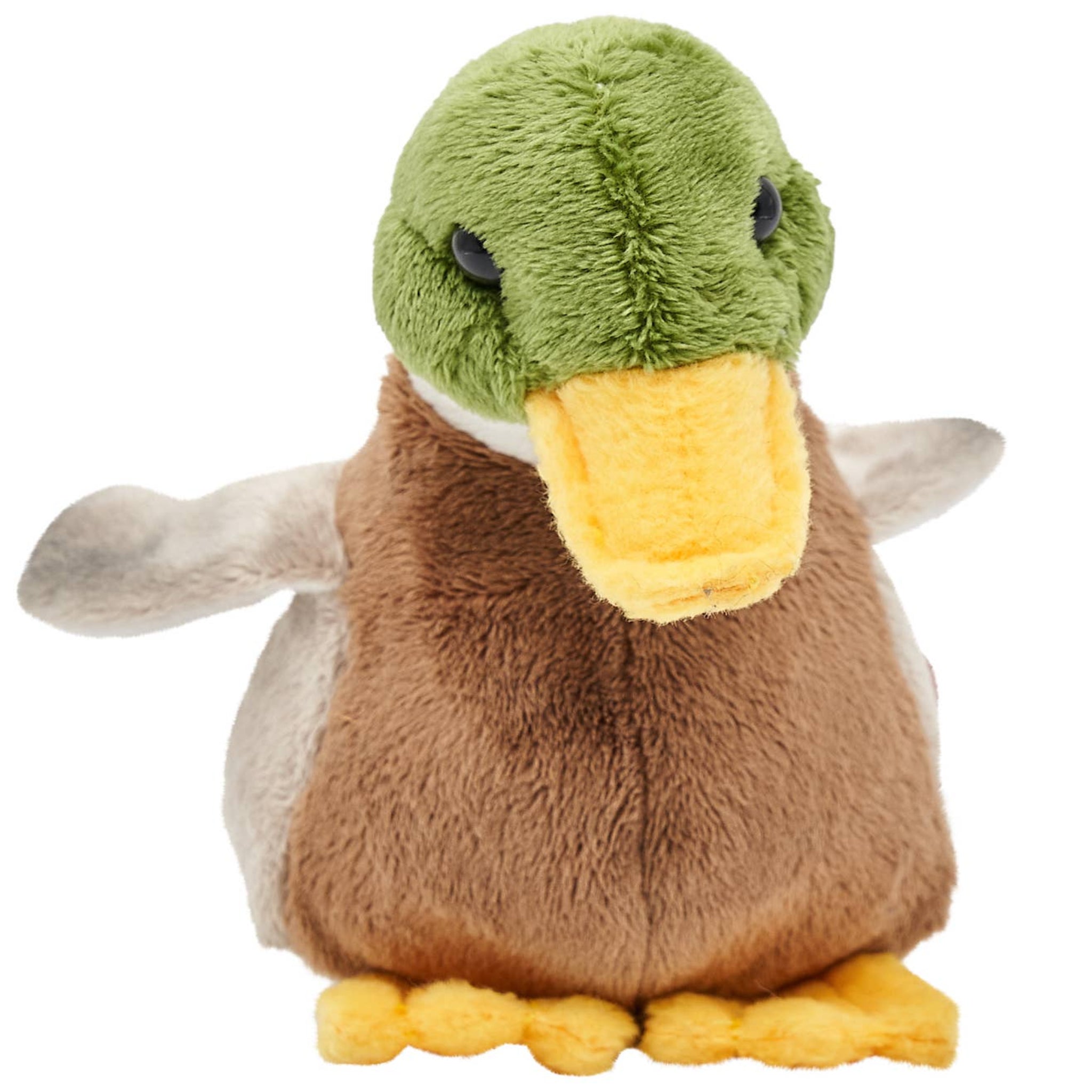 Plush duck toy with green head and brown body on a white background