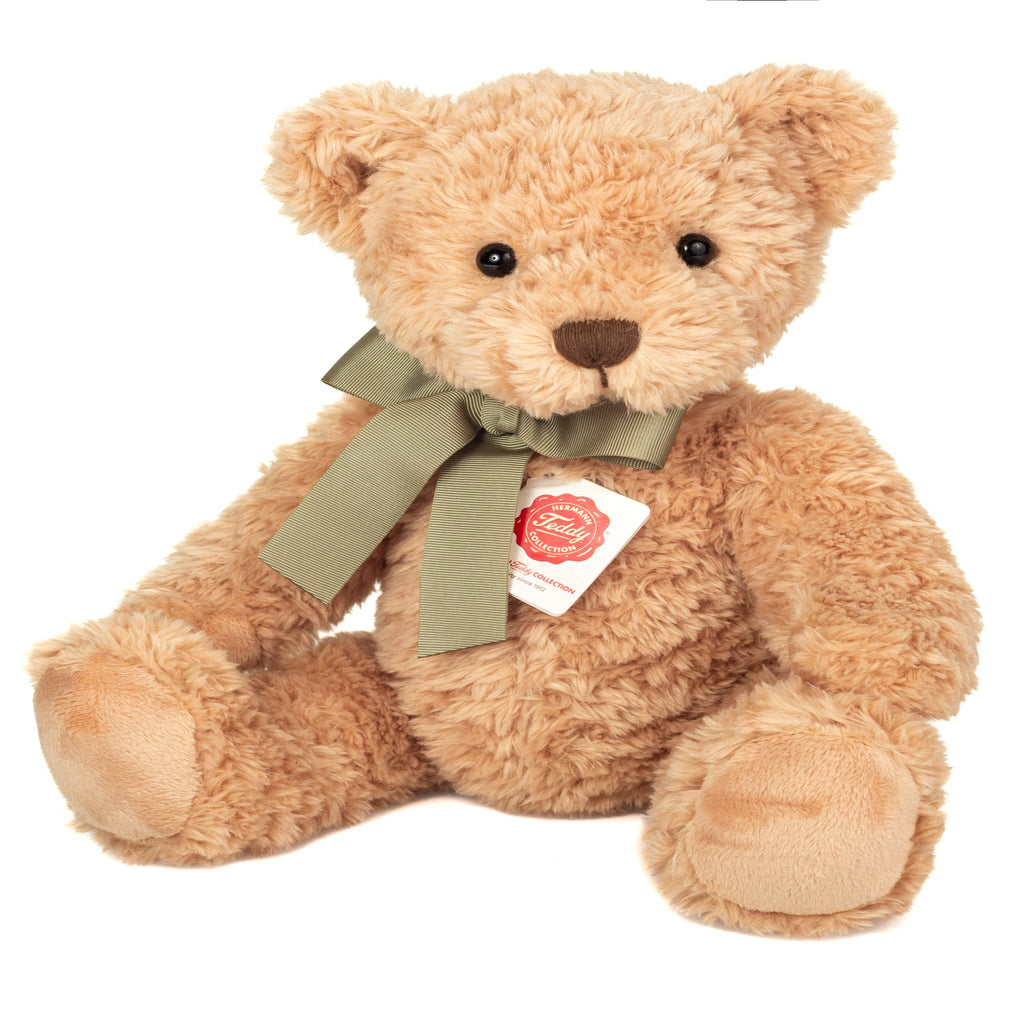 Brown teddy bear with a green bow and tag on a white background