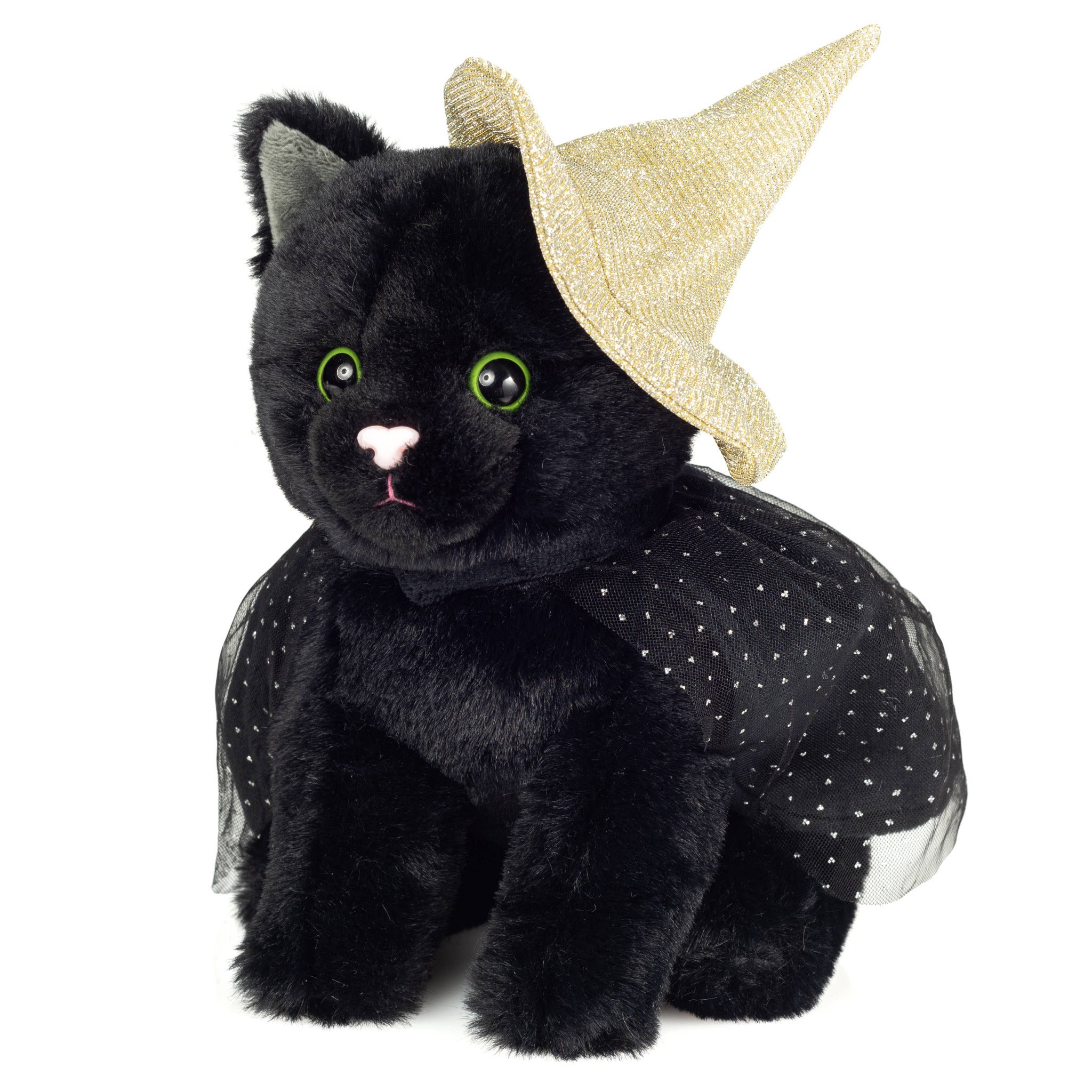 Black cat plush toy with a gold witch hat on a white background