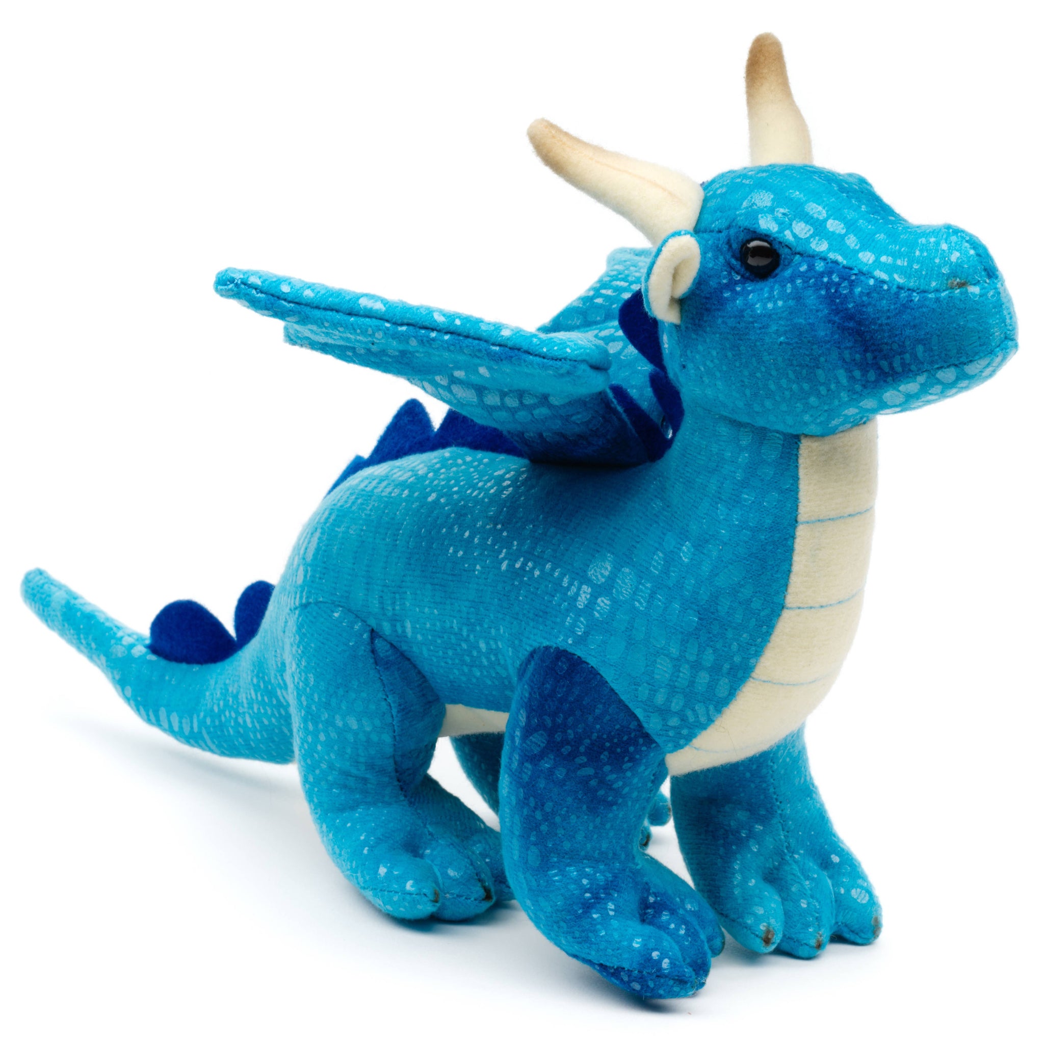 Blue plush dragon toy on a white background