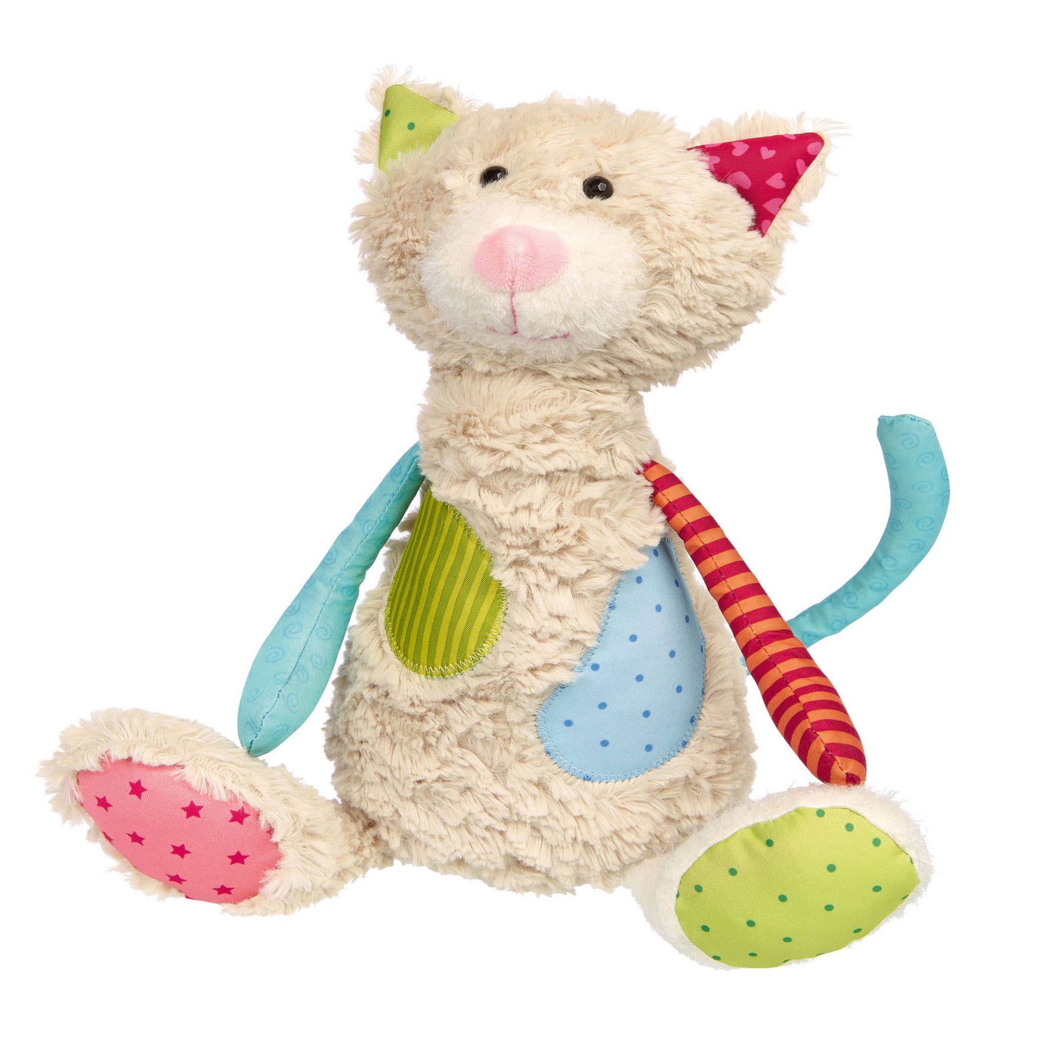 Plush toy cat with colorful accents on a white background