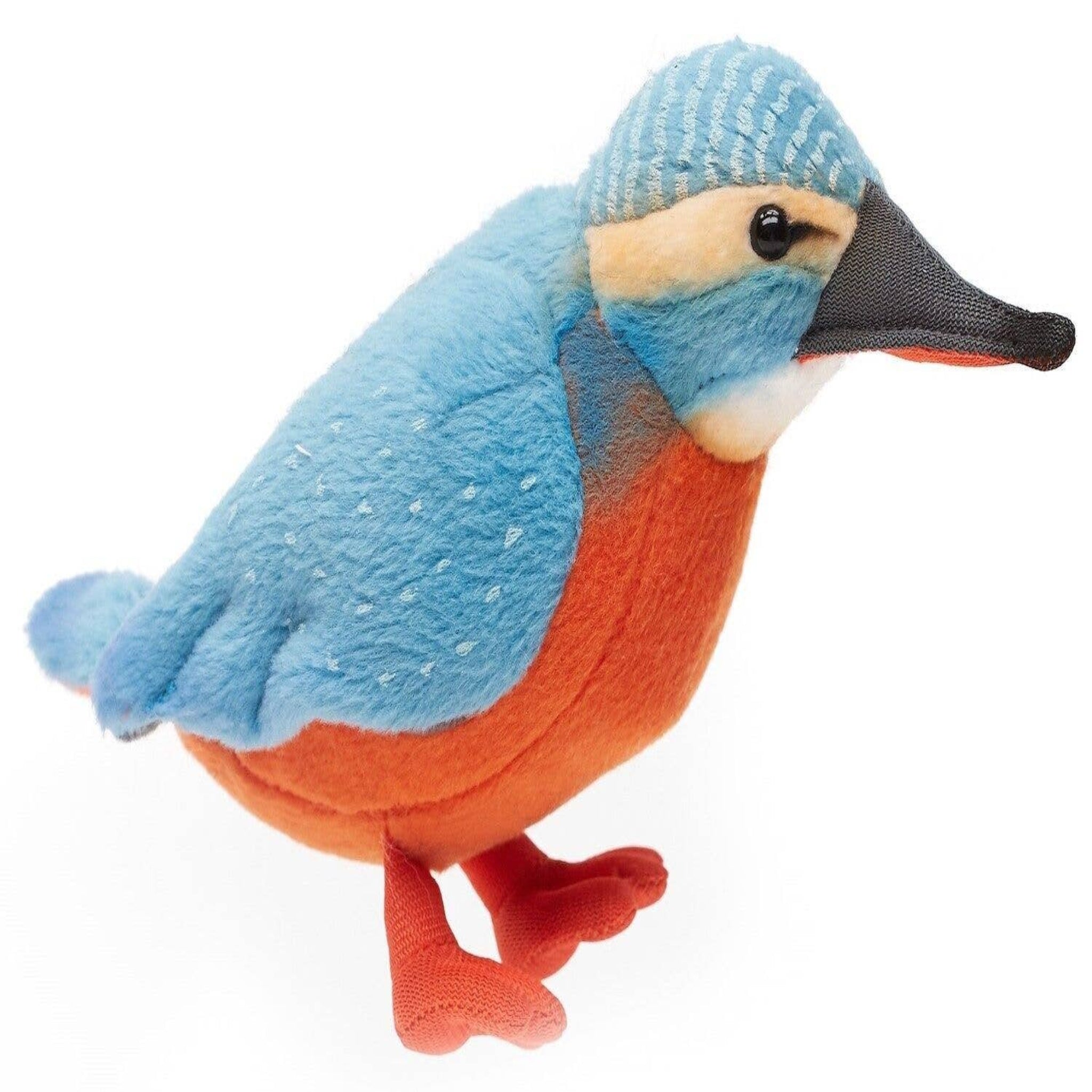 Plush toy resembling a blue and orange bird with a knitted cap on a white background