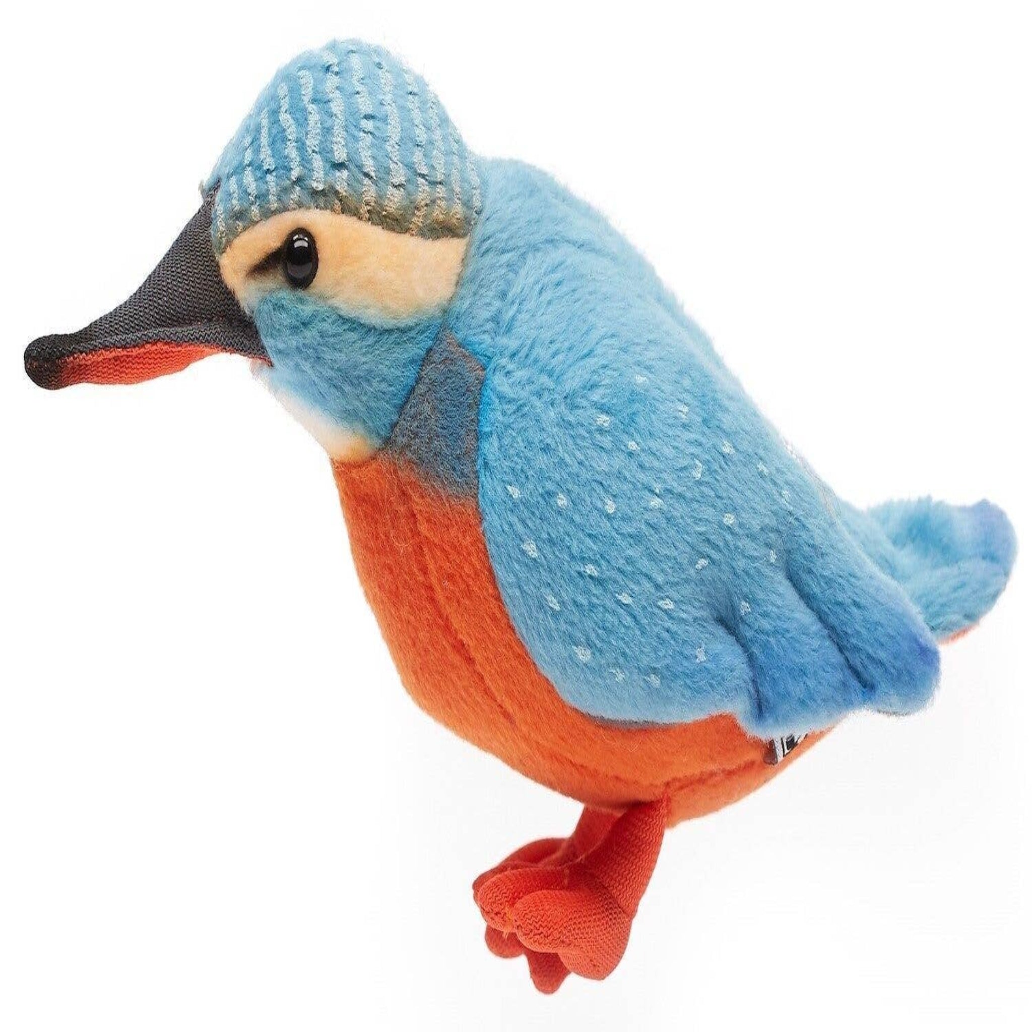 Plush toy kingfisher bird with blue and orange colors on a white background