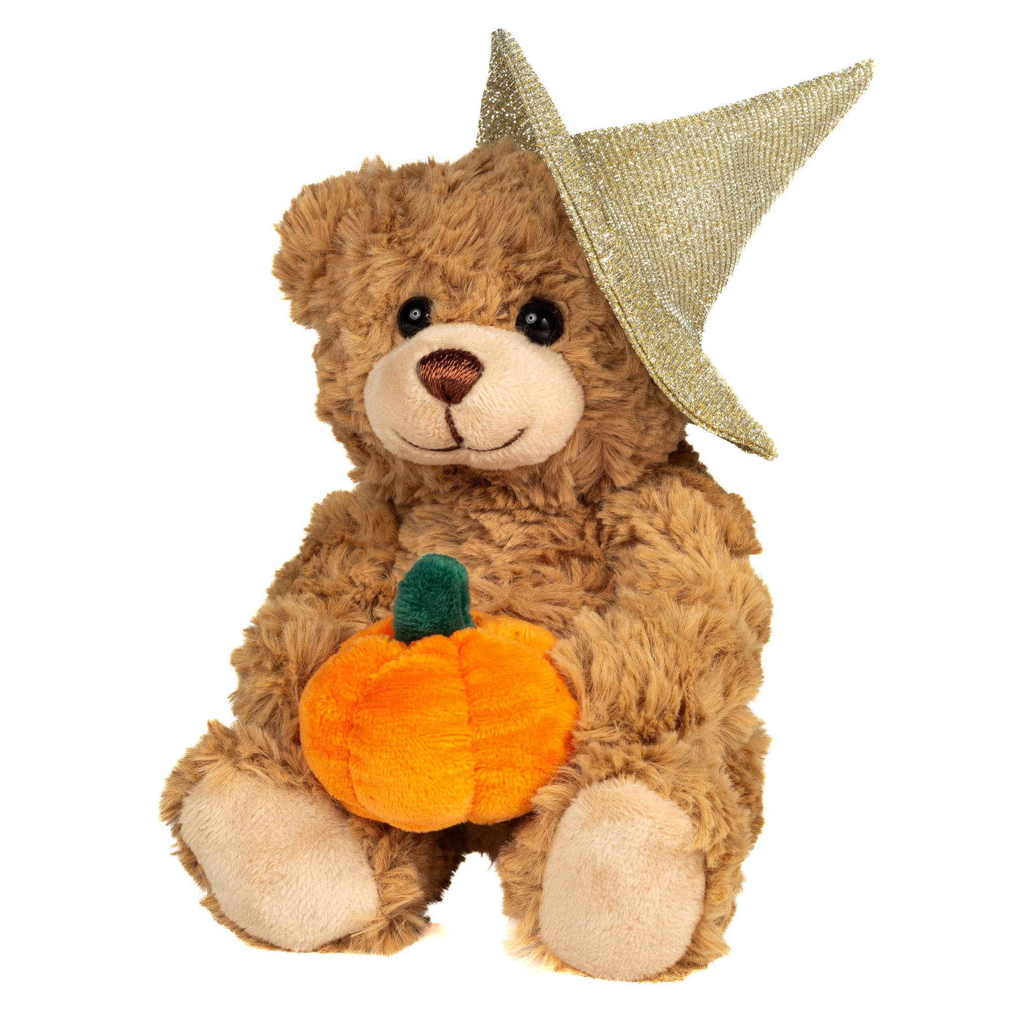 Teddy bear with a gold party hat and orange pumpkin on a white background