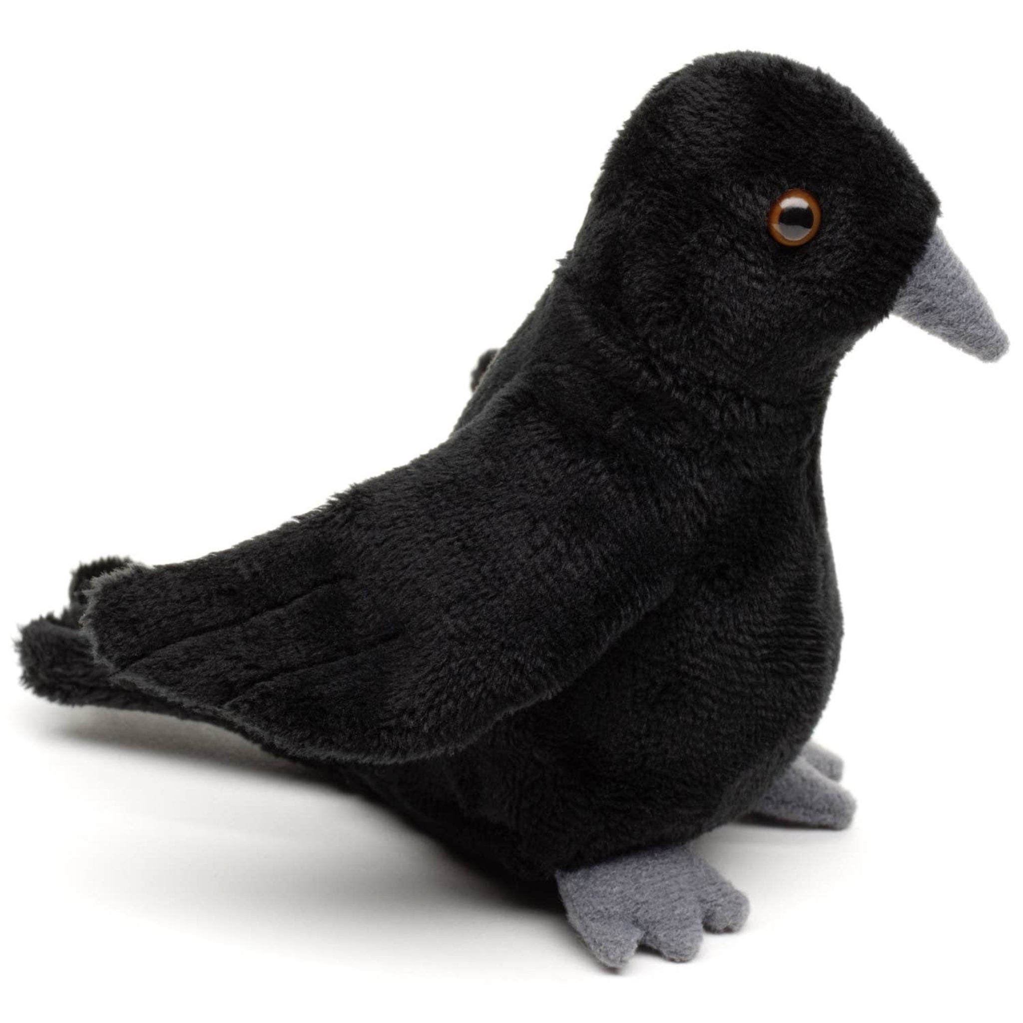 Black plush pigeon toy on a white background