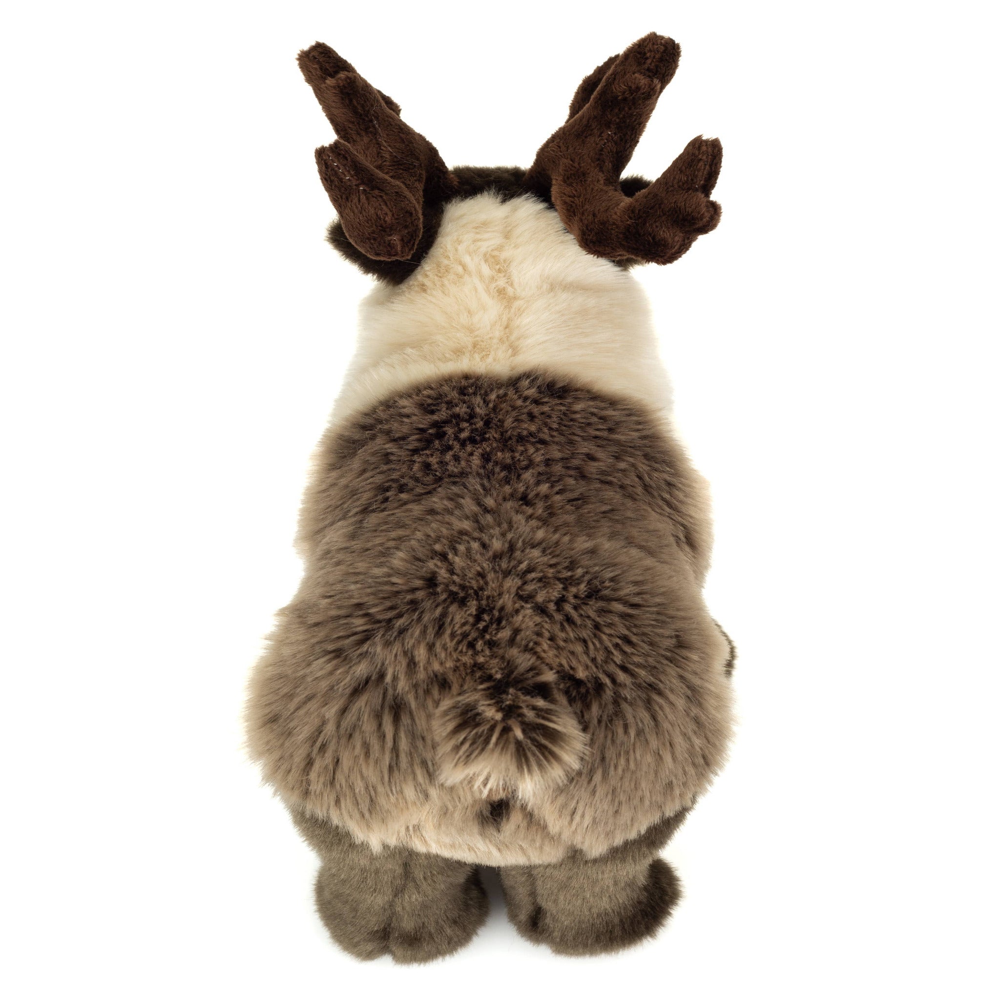 Plush toy reindeer from behind on a white background