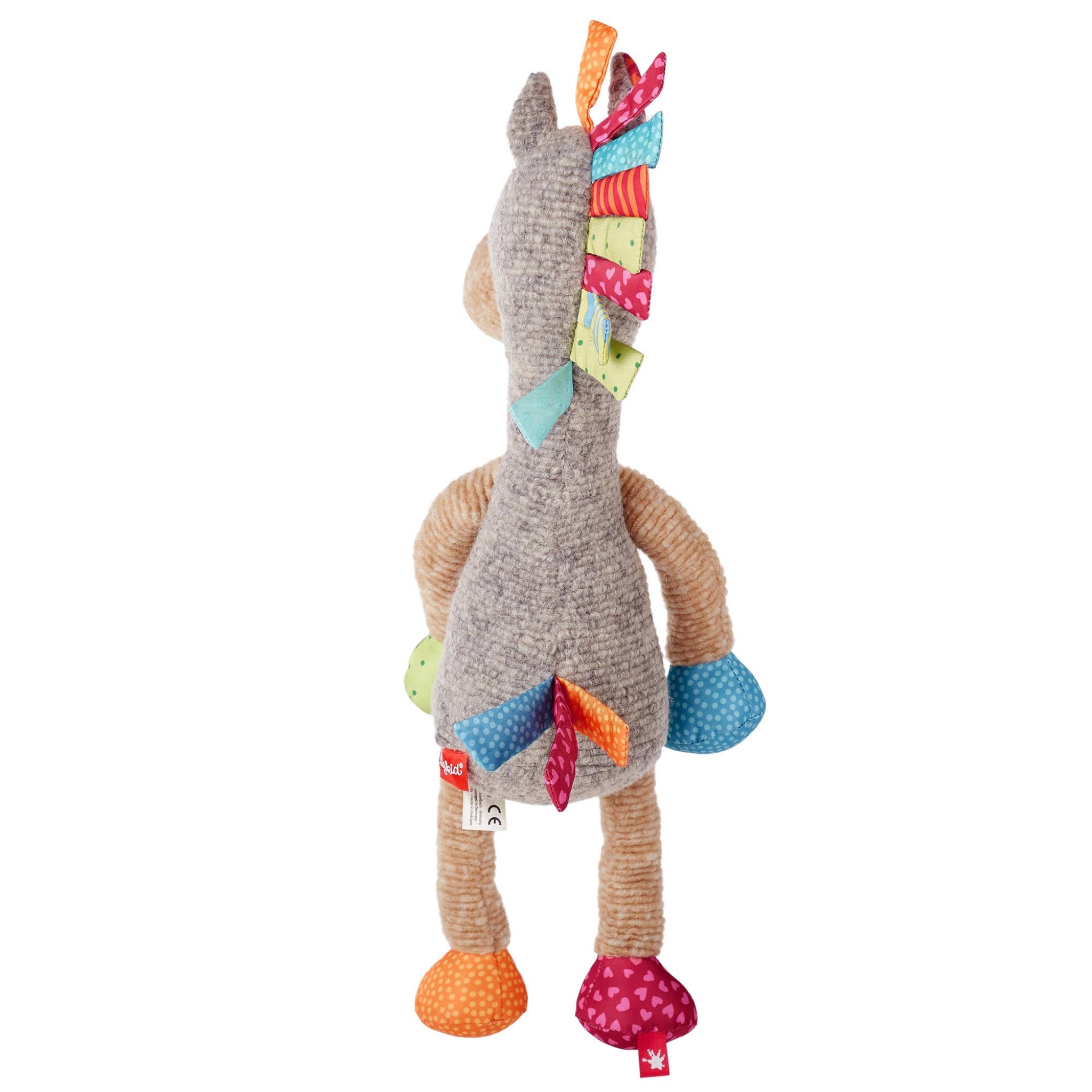 Colorful stuffed animal toy on a white background