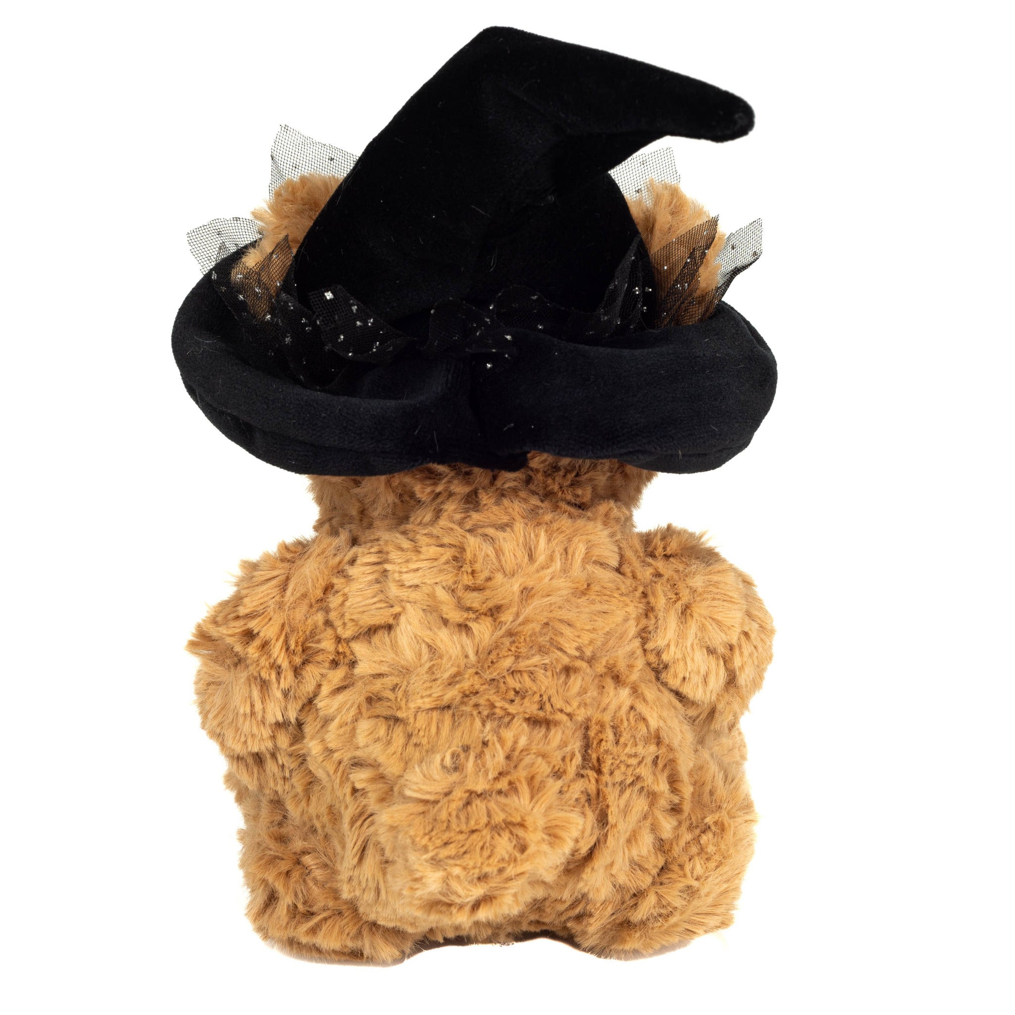 Plush bear wearing a black witch hat on a white background