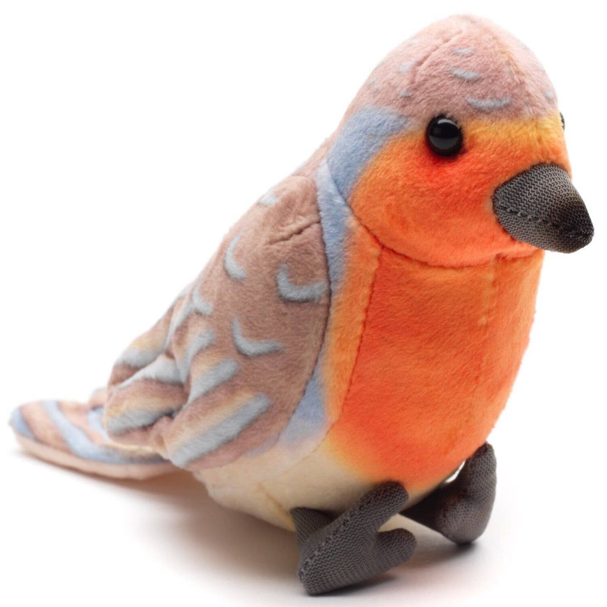 Plush toy bird with orange chest, gray wings, and black beak on a white background