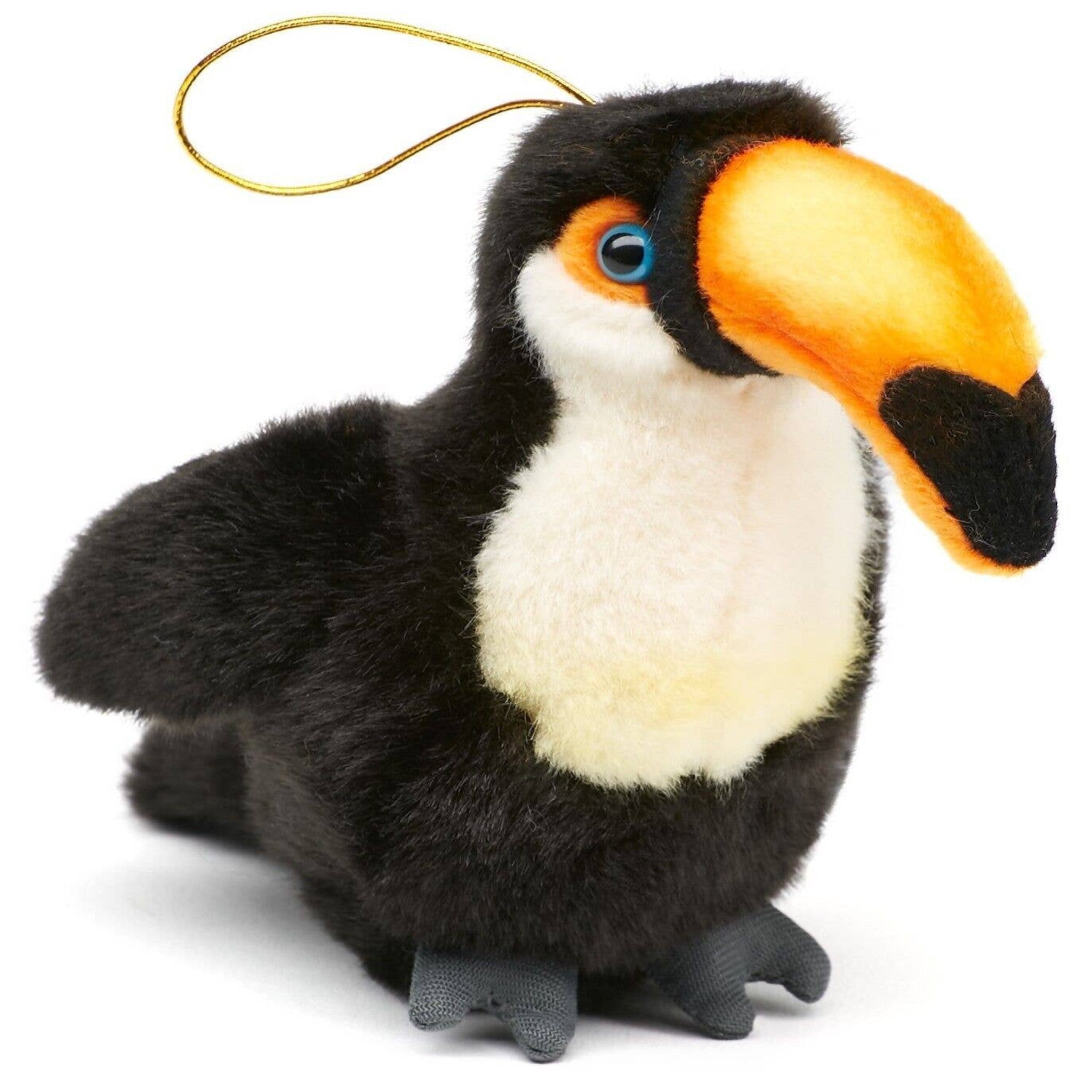 Plush toucan toy with a yellow beak on a white background