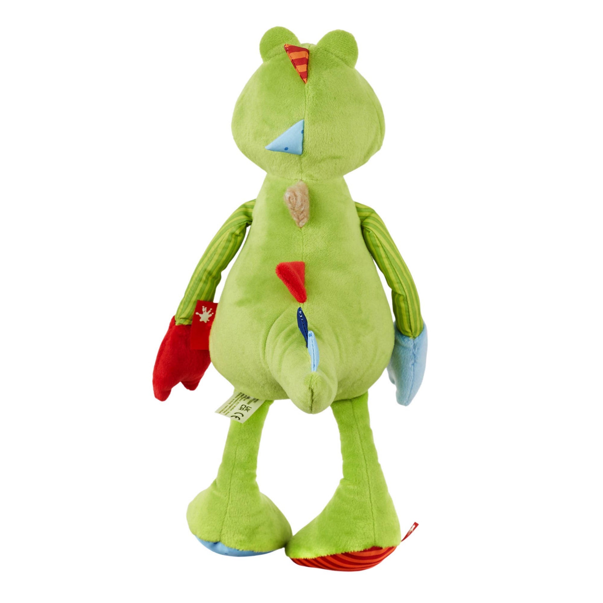 Green plush toy with colorful accents on a white background