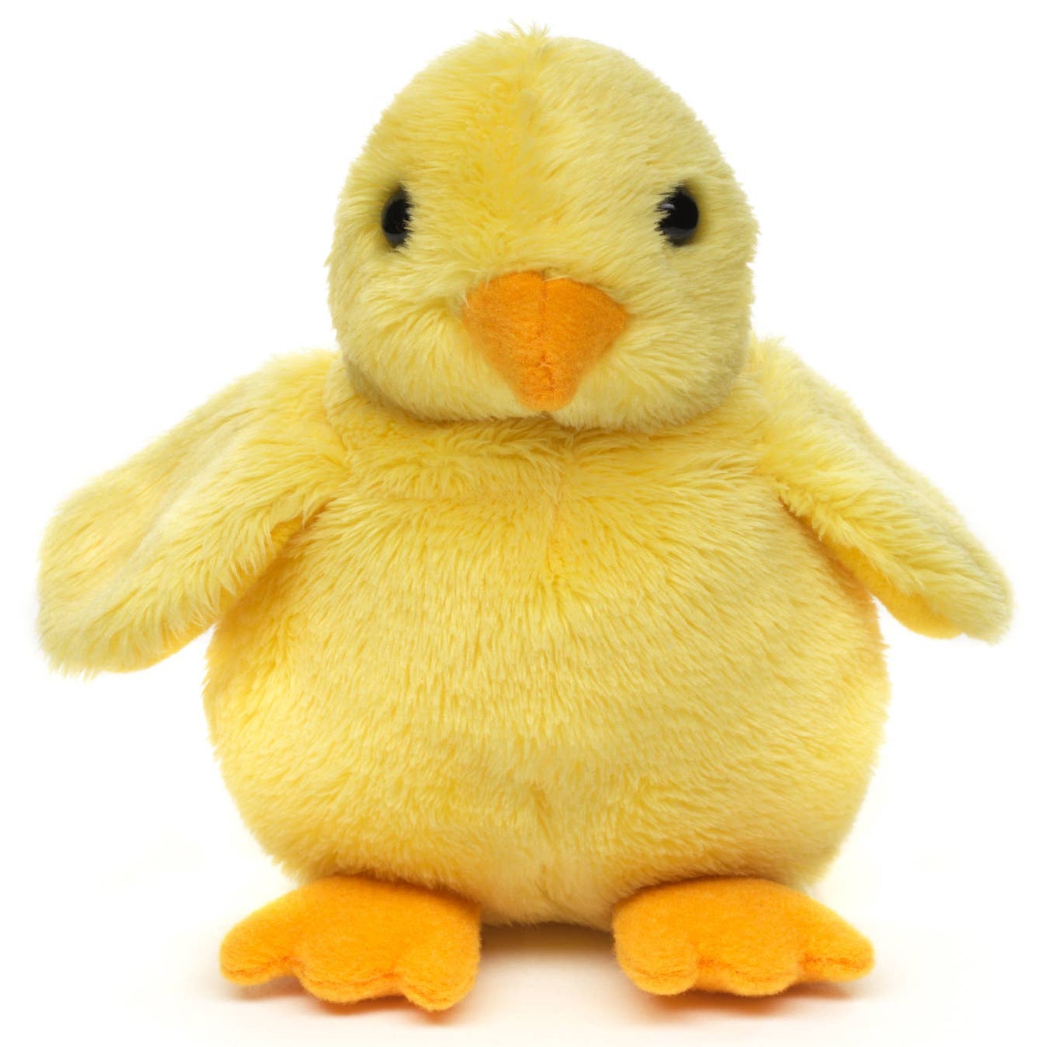 Yellow plush duck toy on a white background