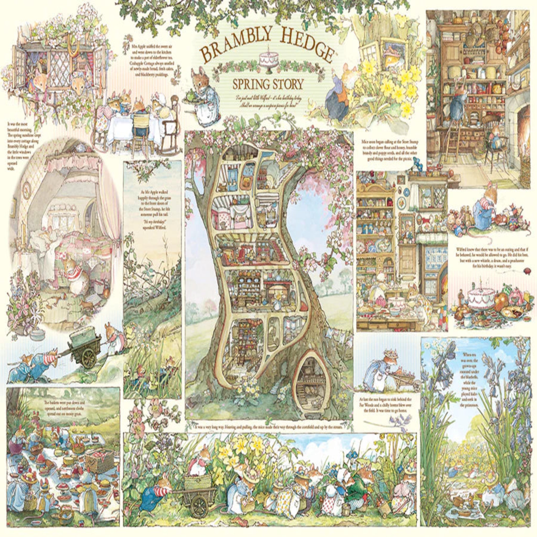 Illustrated storybook page from 'Brambly Hedge' featuring a spring-themed adventure.