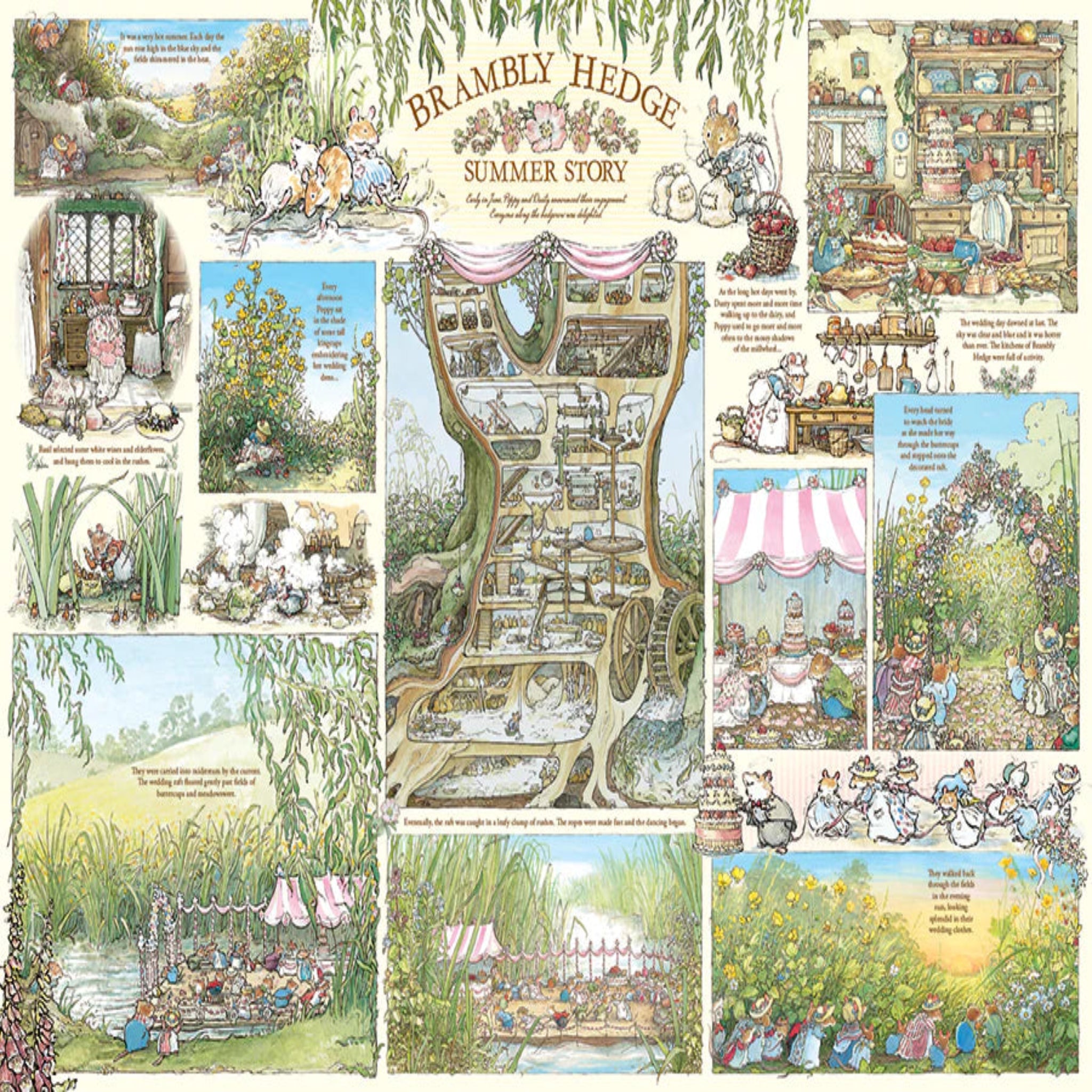 Illustrated storybook with various scenes and characters from 'Brambly Hedge'.