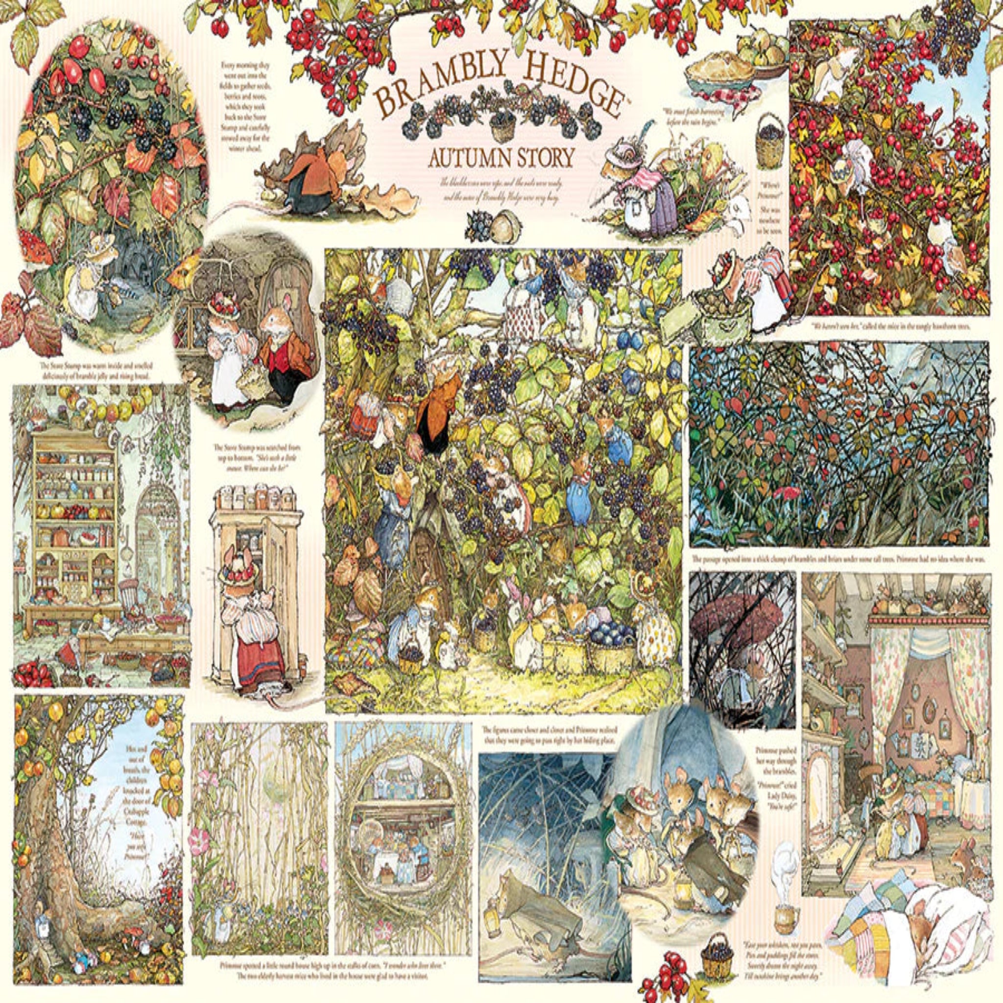 Collage of illustrations from 'Brambly Hedge' featuring autumn scenes and characters.