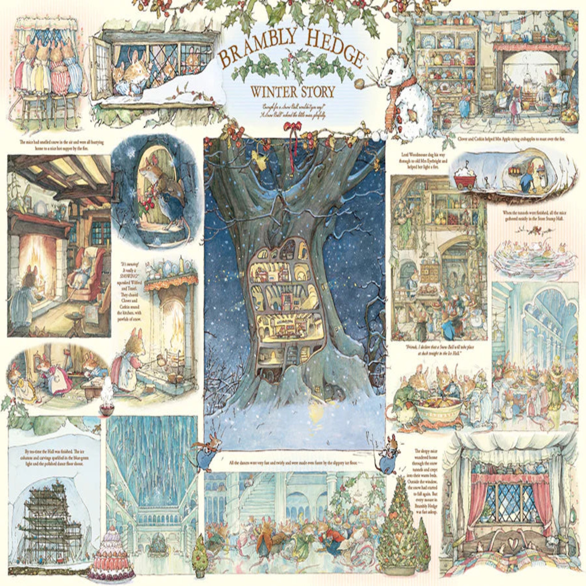 Illustrated storybook page from 'Brambly Hedge' featuring winter scenes and characters around a large tree.