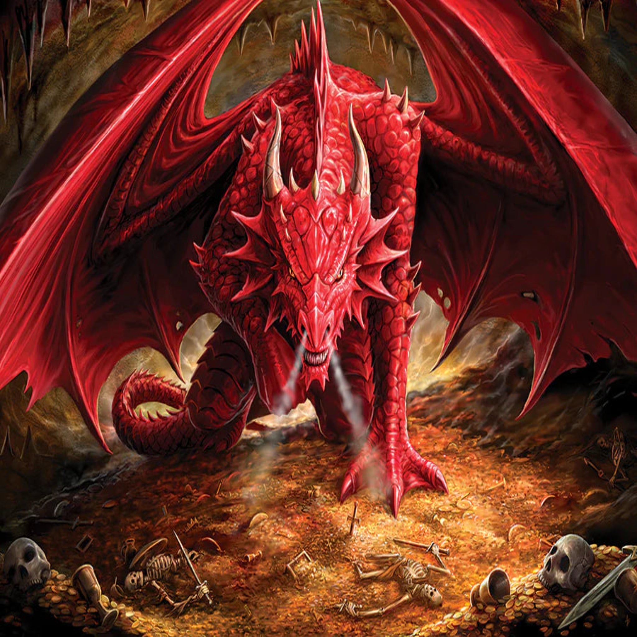Red dragon in a fantasy setting with bones and a sword on the ground