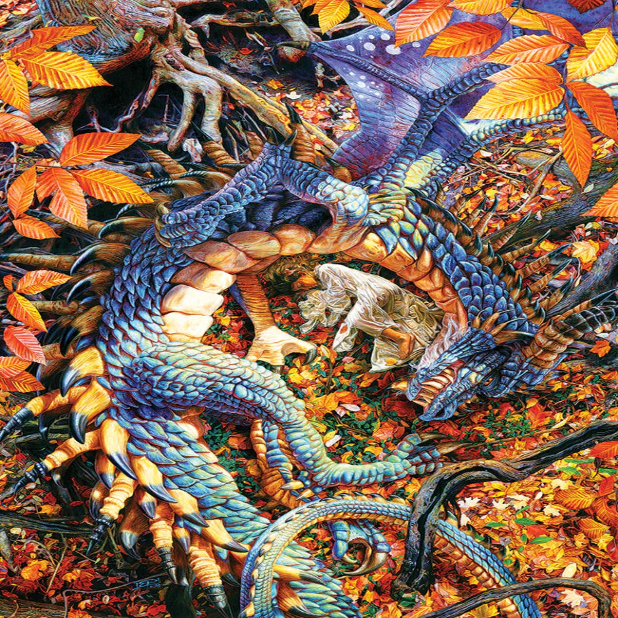 Colorful dragon illustration intertwined with autumn leaves and branches