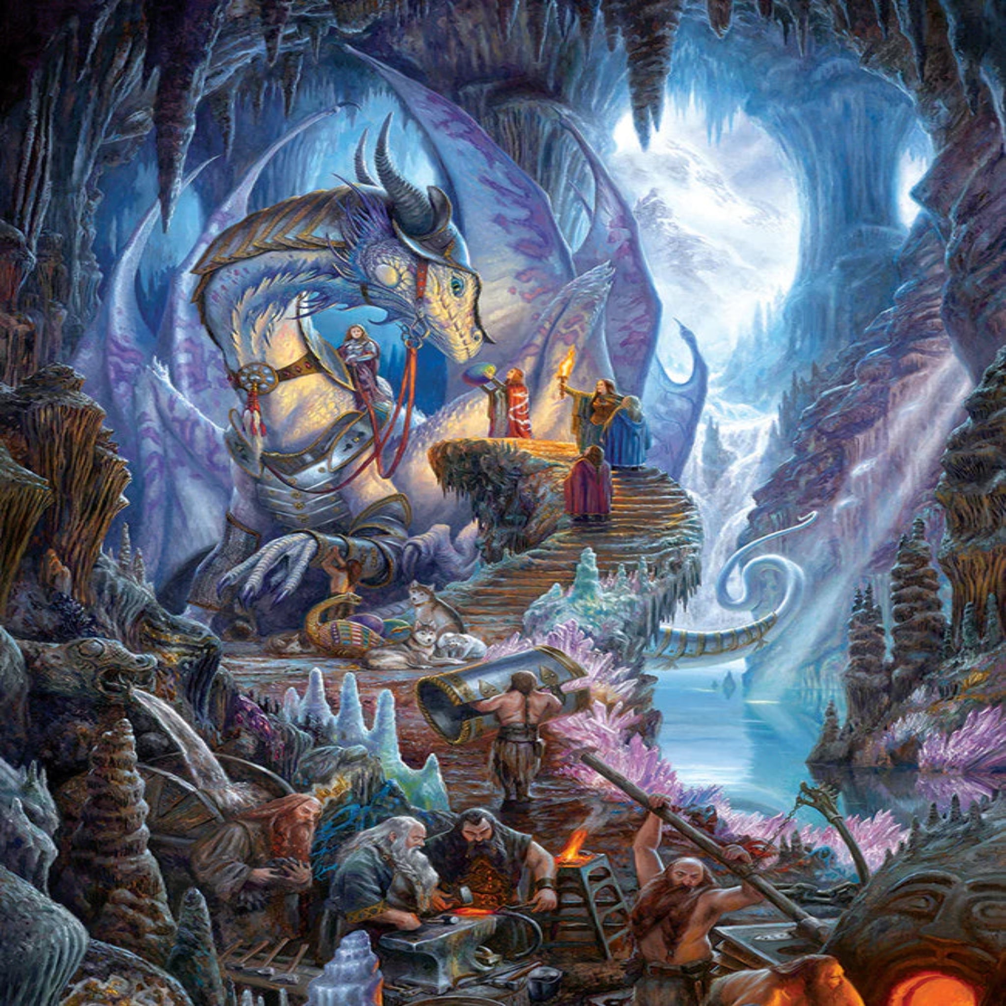 Fantasy scene with dragons and characters in a mystical cave
