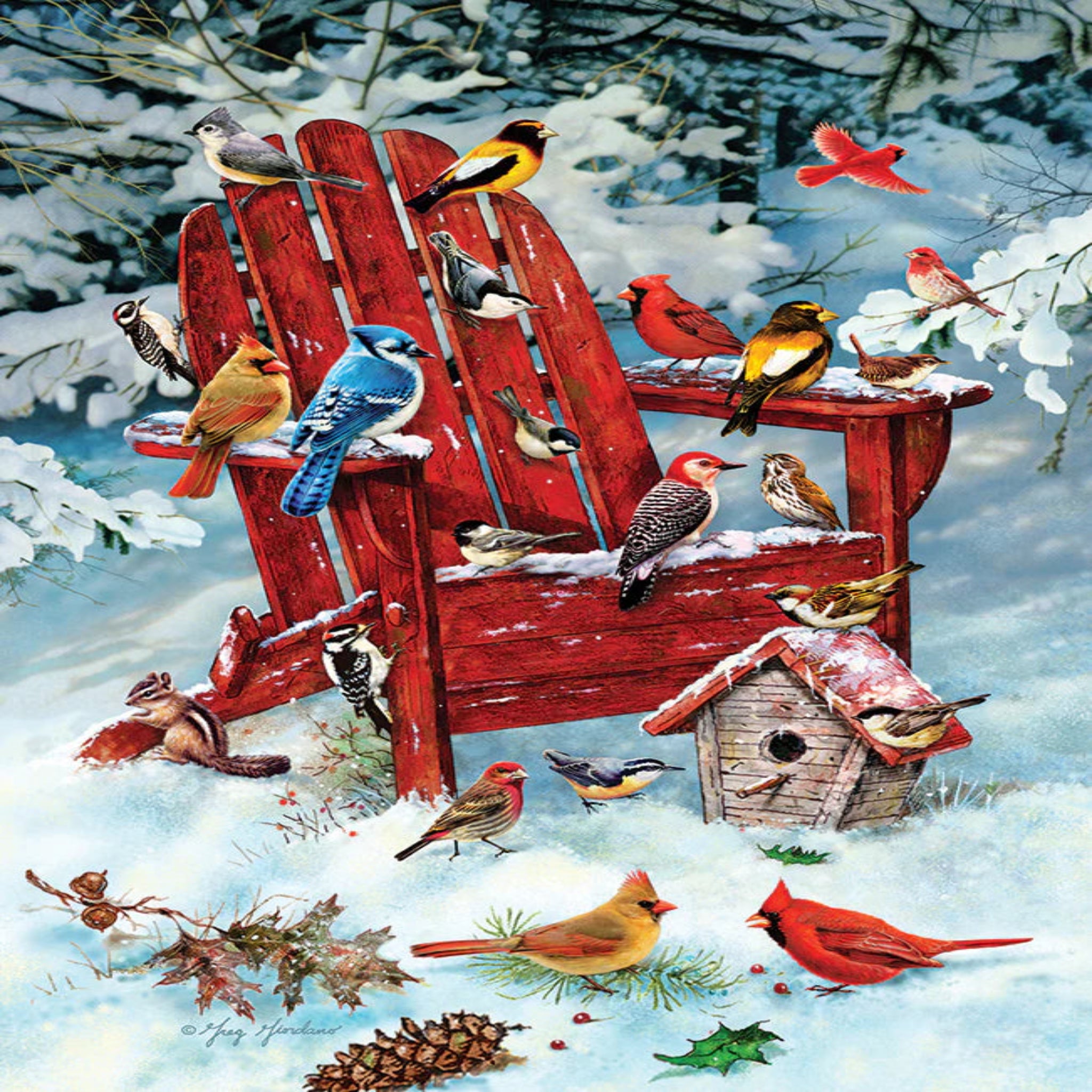 Colorful birds on a red chair and birdhouse in a snowy scene