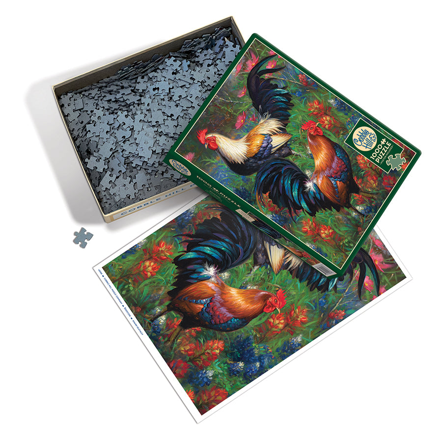 Roosters box opened, showing the pieces