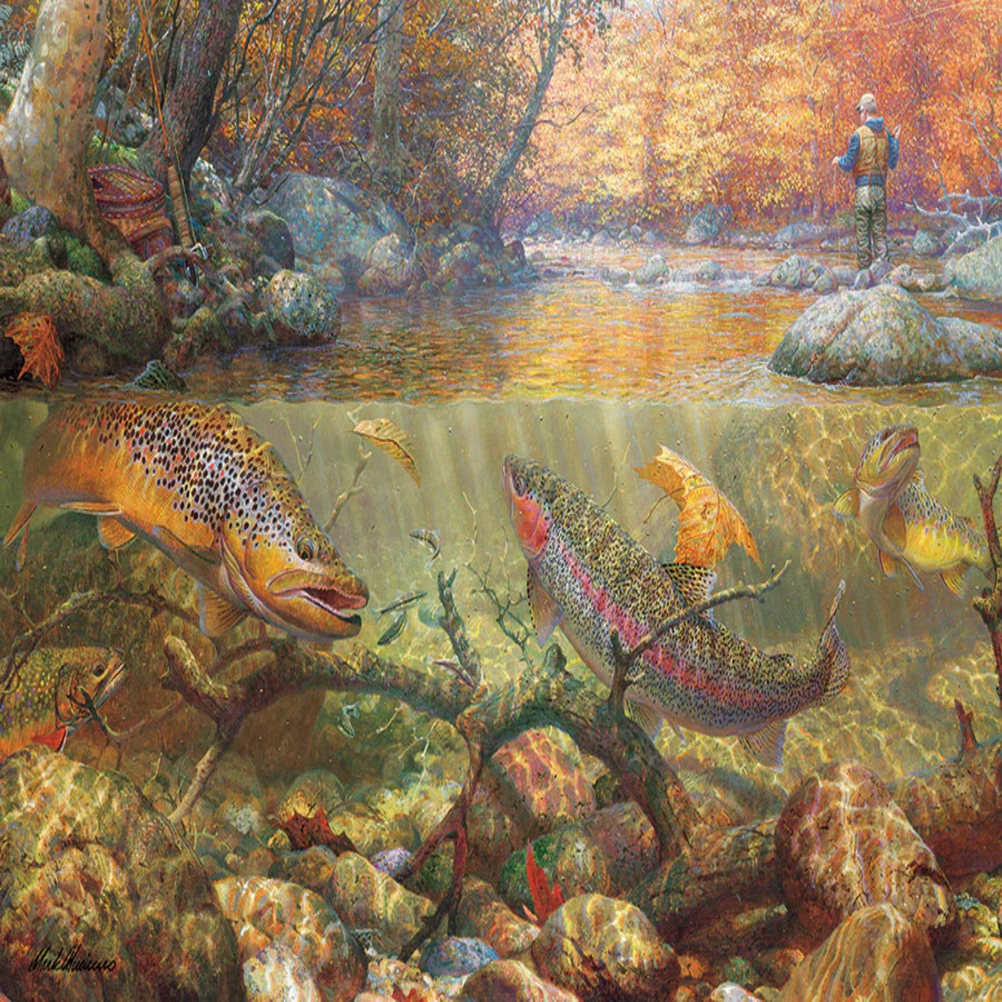 Artistic depiction of a fisherman by a river with underwater view of fish and aquatic life.
