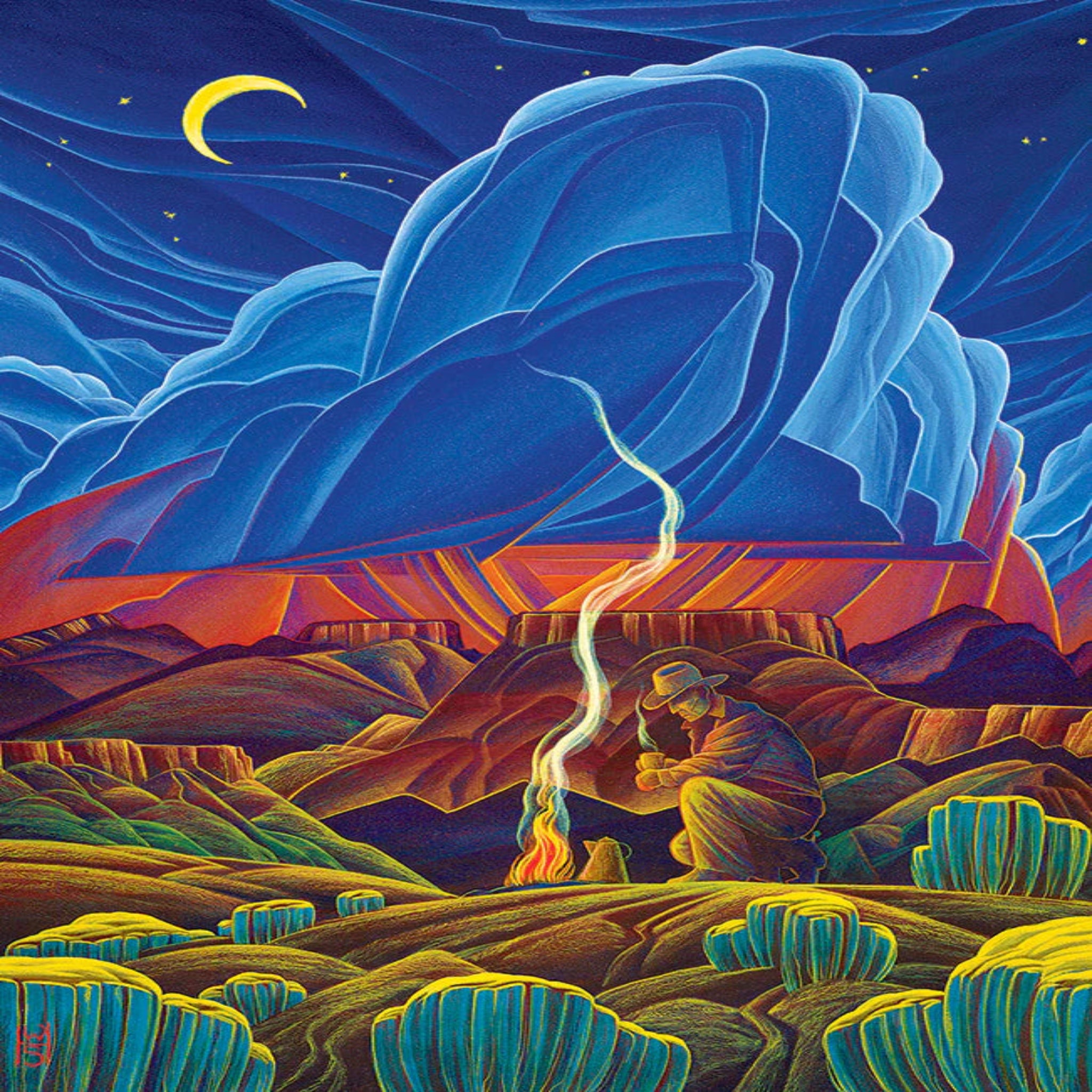 Surreal landscape with a person sitting by a campfire under a large blue rock formation.