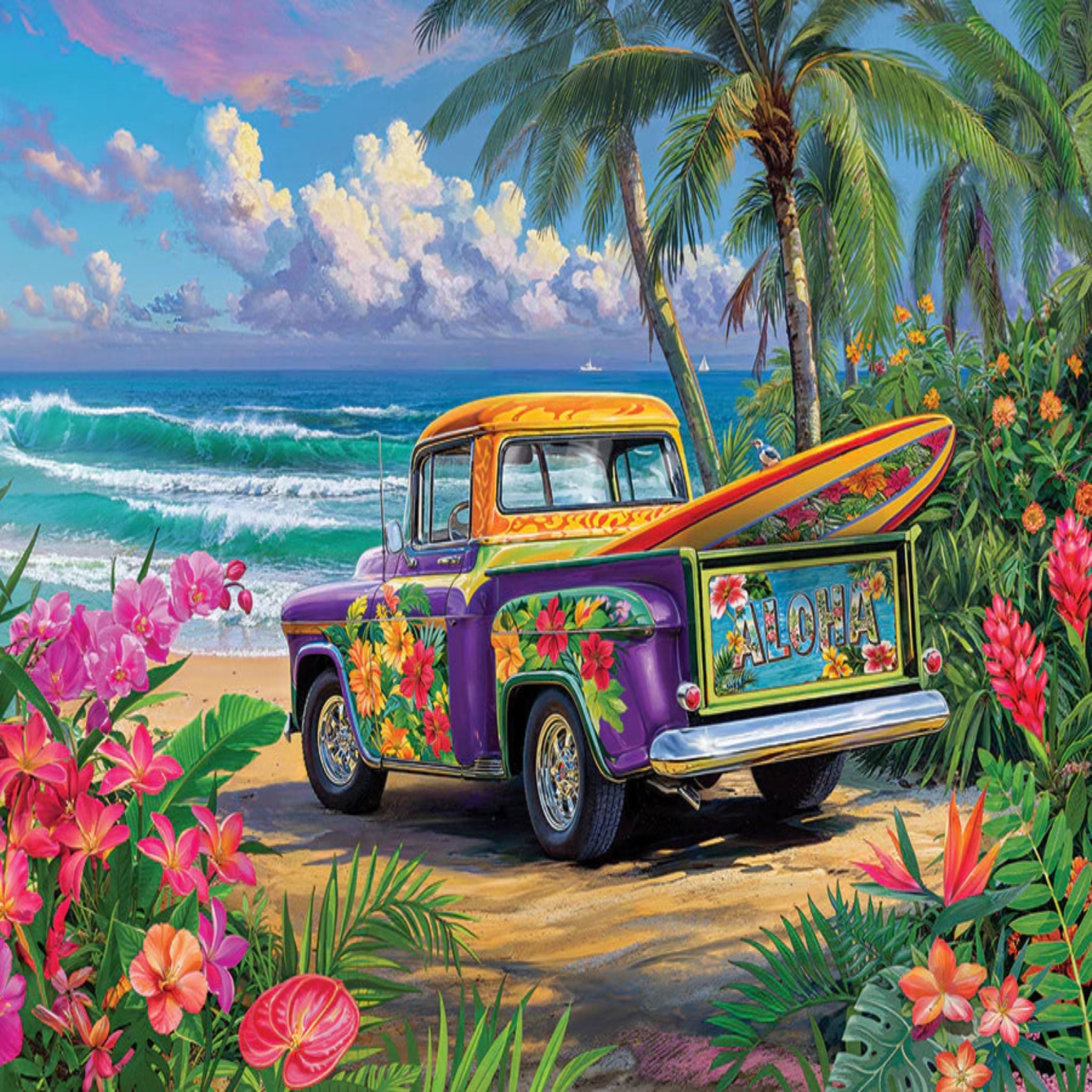 Colorful truck with a surfboard on a tropical beach with palm trees and flowers.