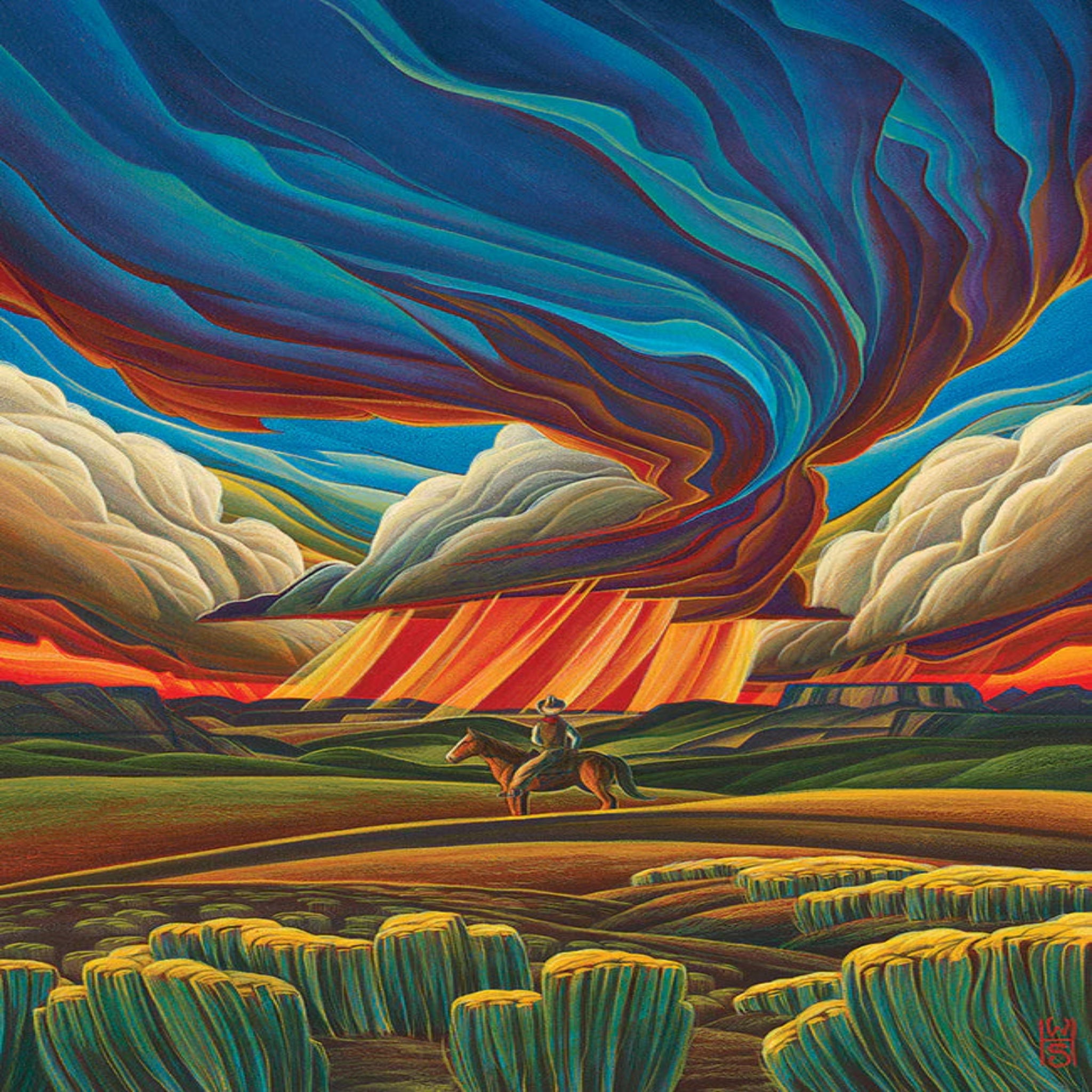 Colorful landscape with a rider on horseback and large abstract clouds