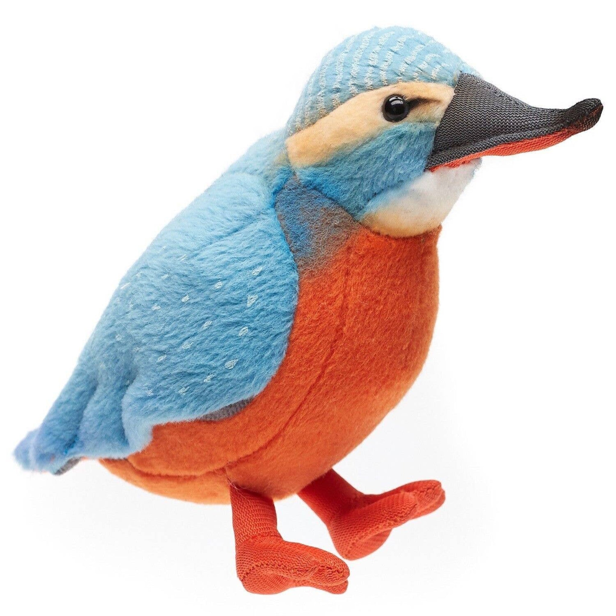 Plush toy of a kingfisher bird with blue and orange colors on a white background