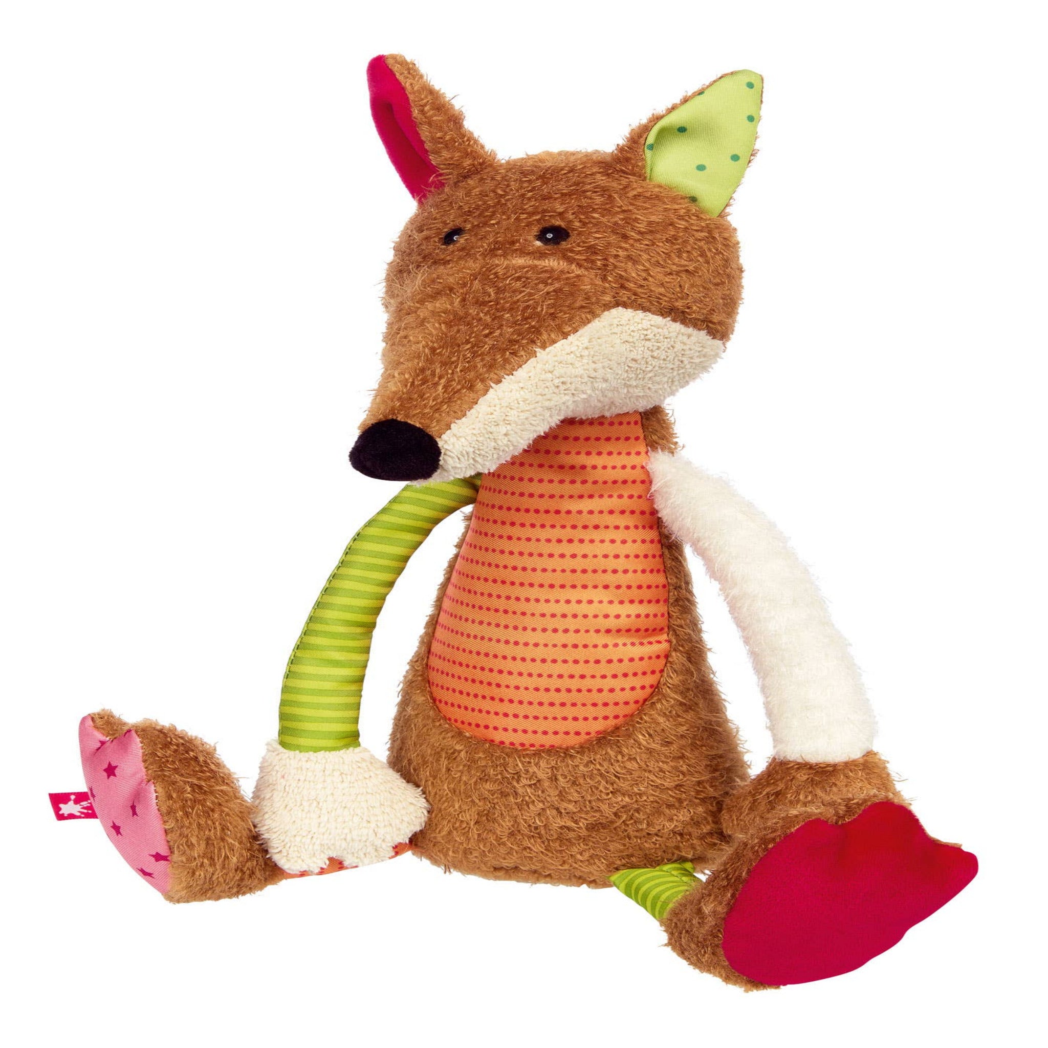 Plush toy fox with a green scarf on a white background