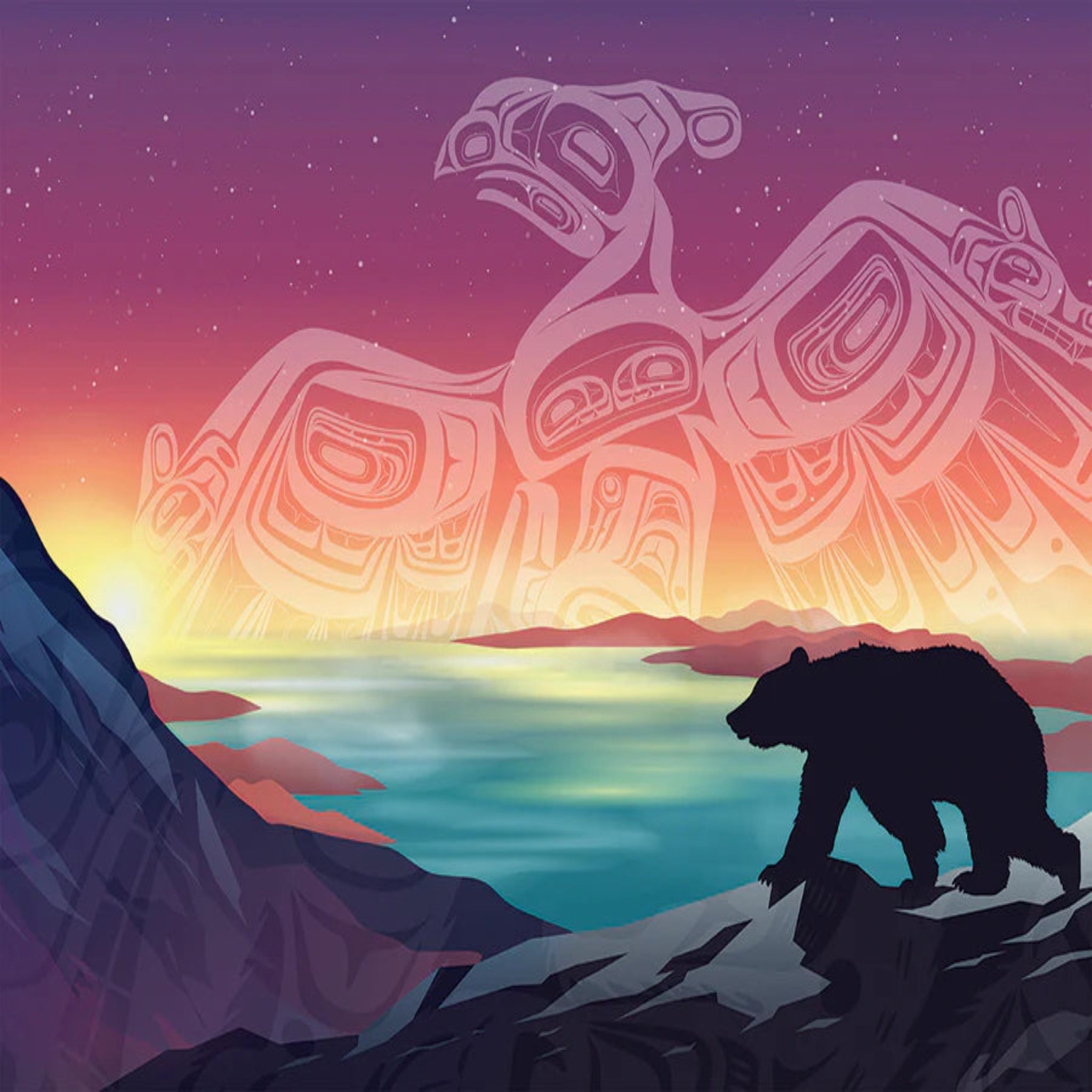 Bear walking on a rocky outcrop with a large tribal design and sunset in the background