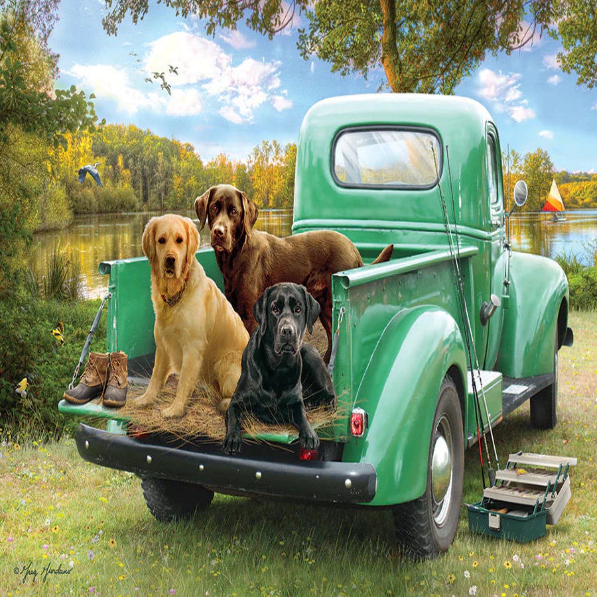 Three dogs in the bed of a green vintage truck by a lake.