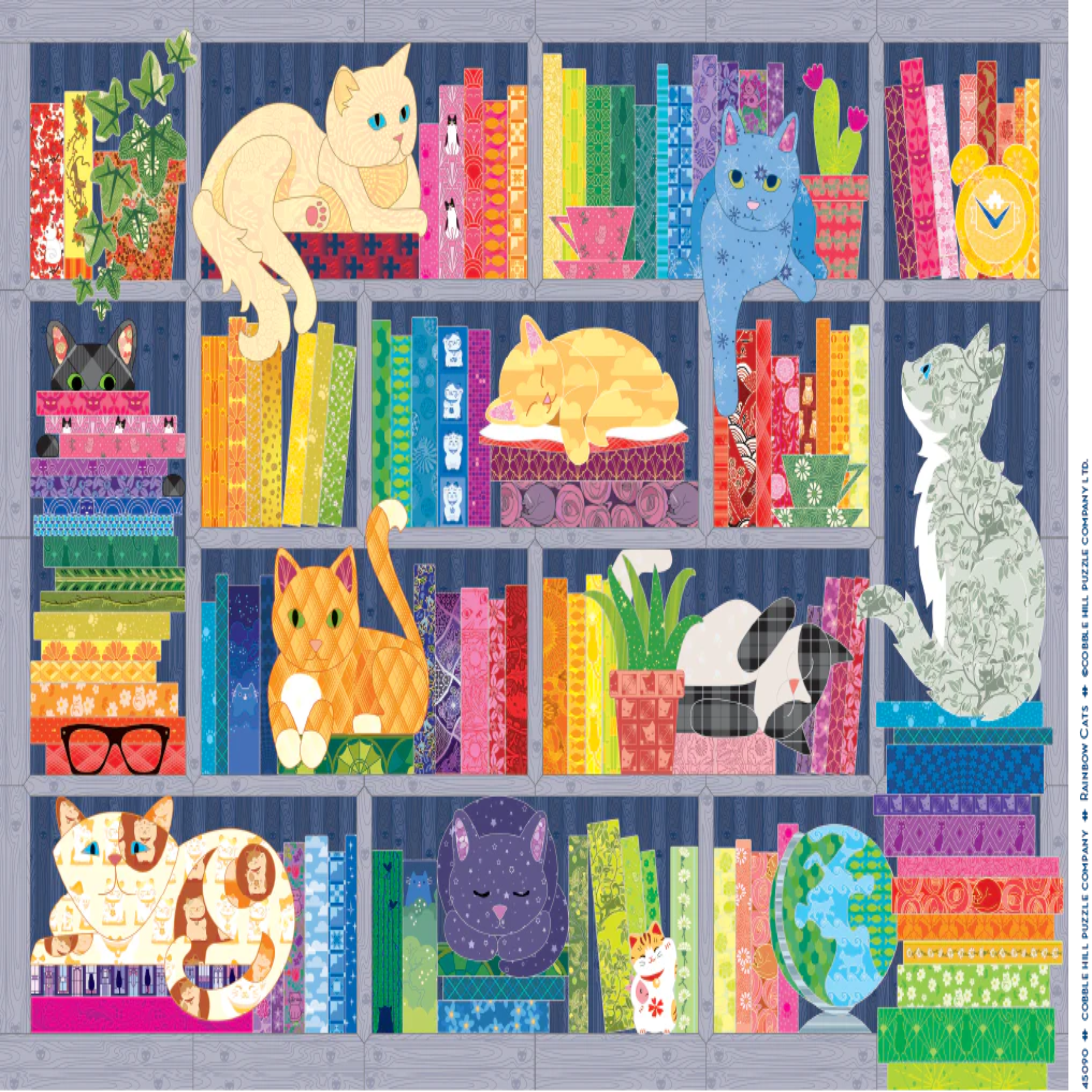 Colorful bookshelf with cats and books on a gray background