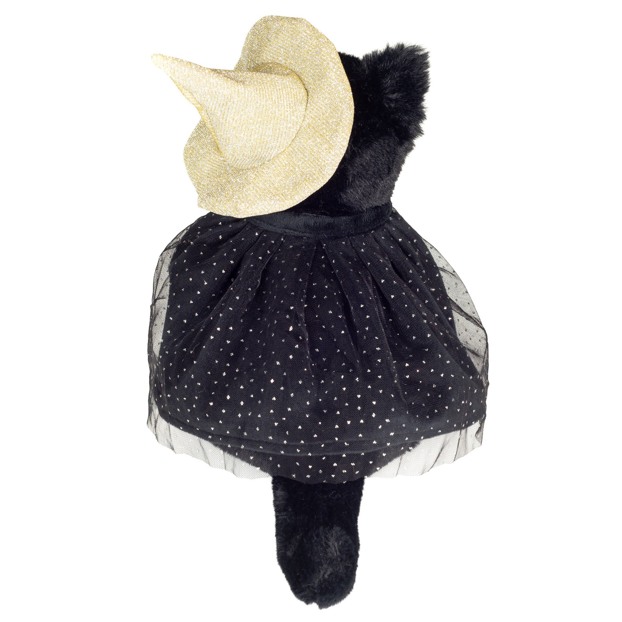 Black plush toy with a star-patterned dress and yellow hat on a white background