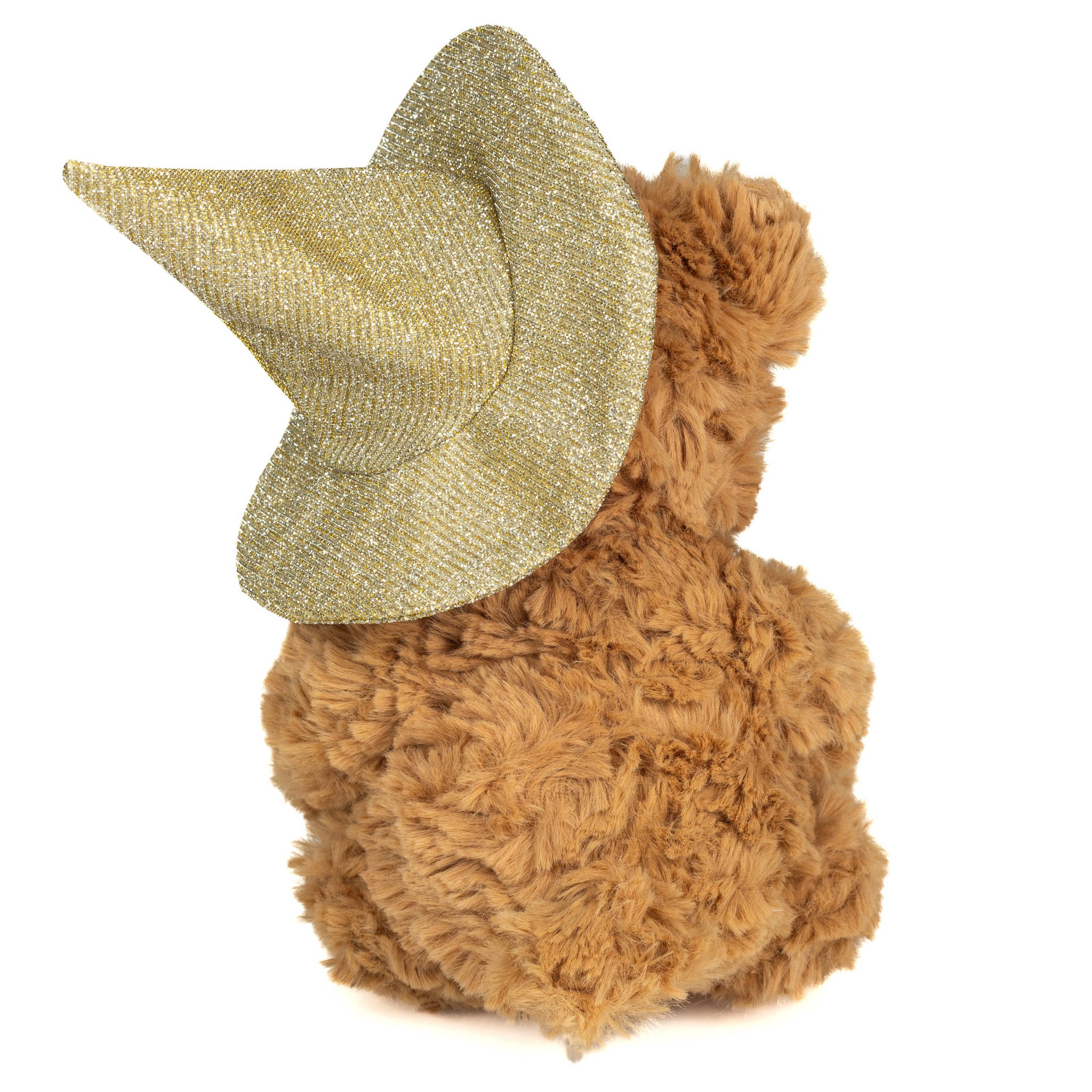 Brown plush toy with a gold glittery hat on a white background