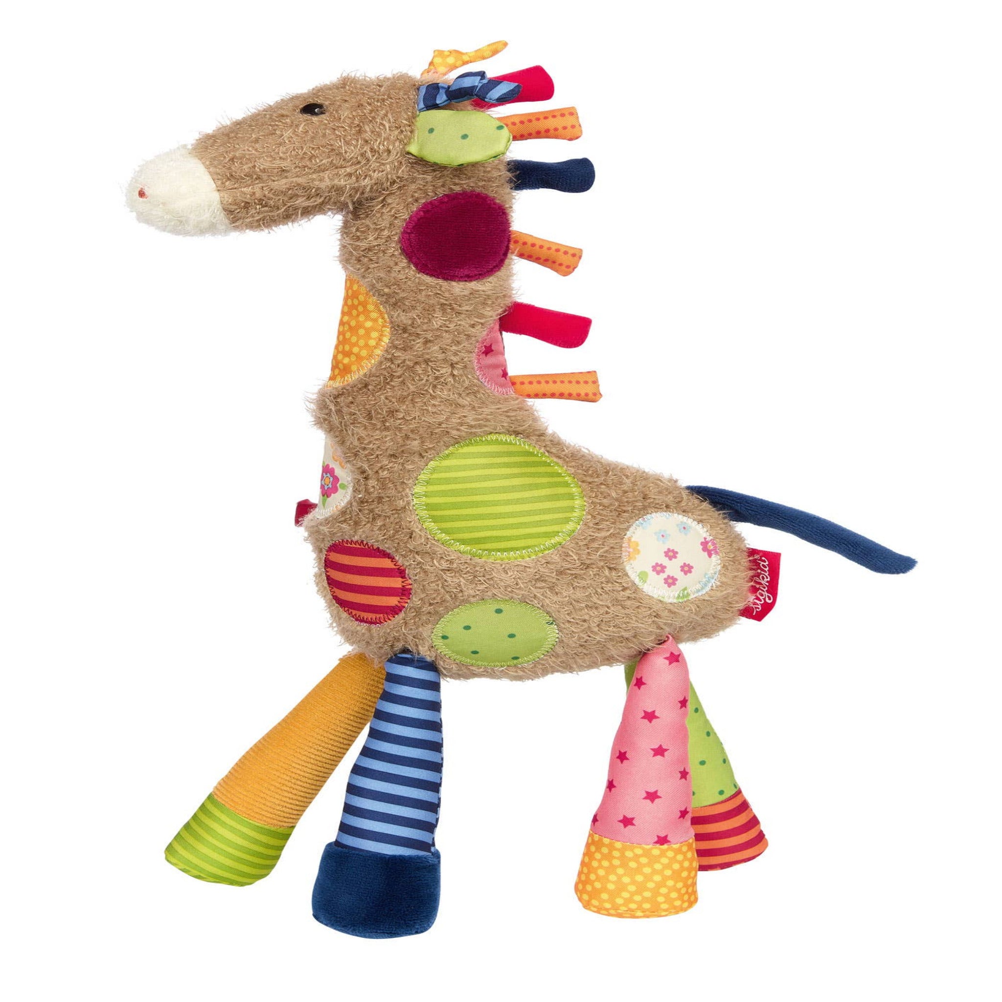 Colorful giraffe-shaped toy with various patterns on a white background