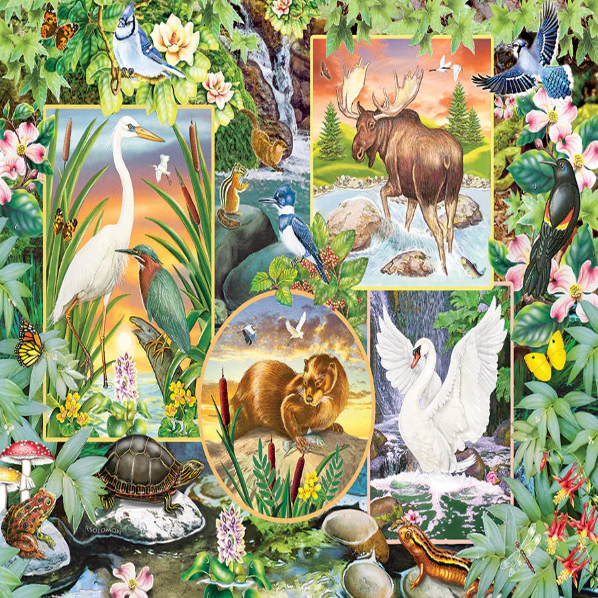 Collage of various animals and nature scenes with flowers and trees.