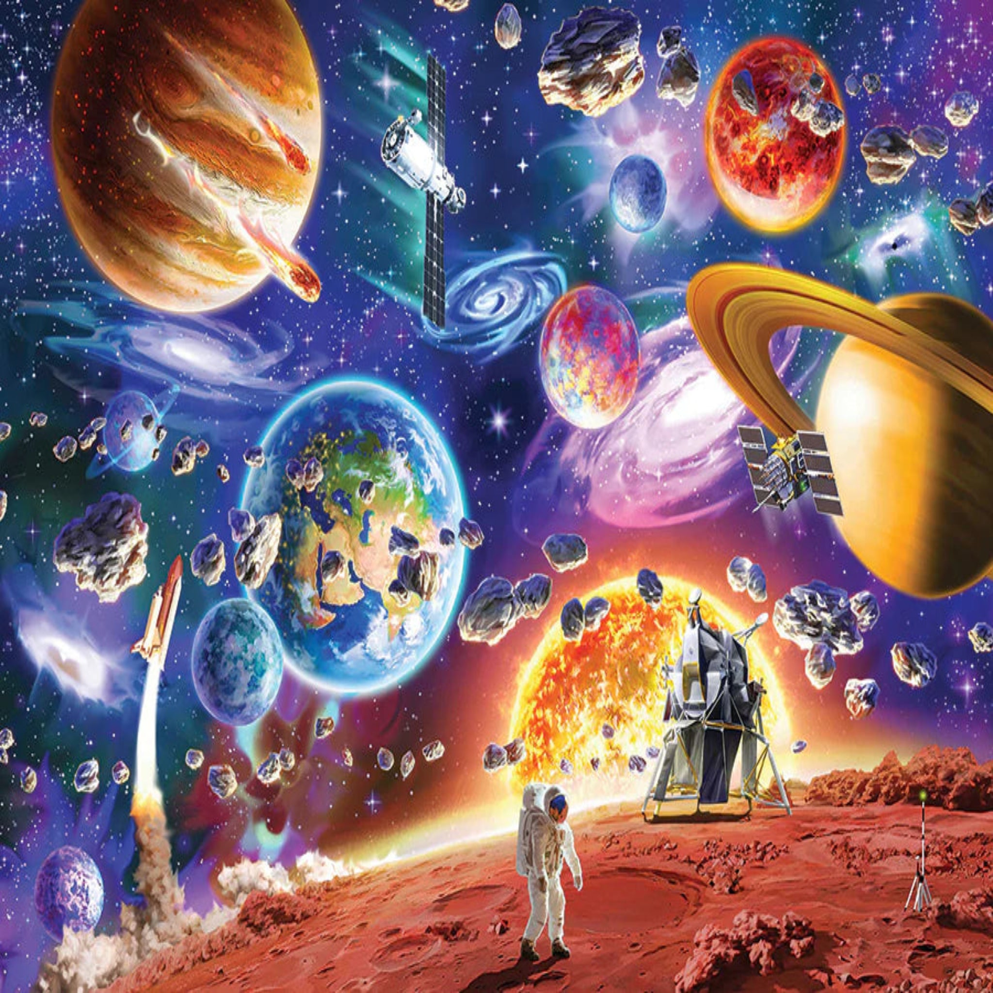 Colorful illustration of space with planets, astronauts, and a rocket.