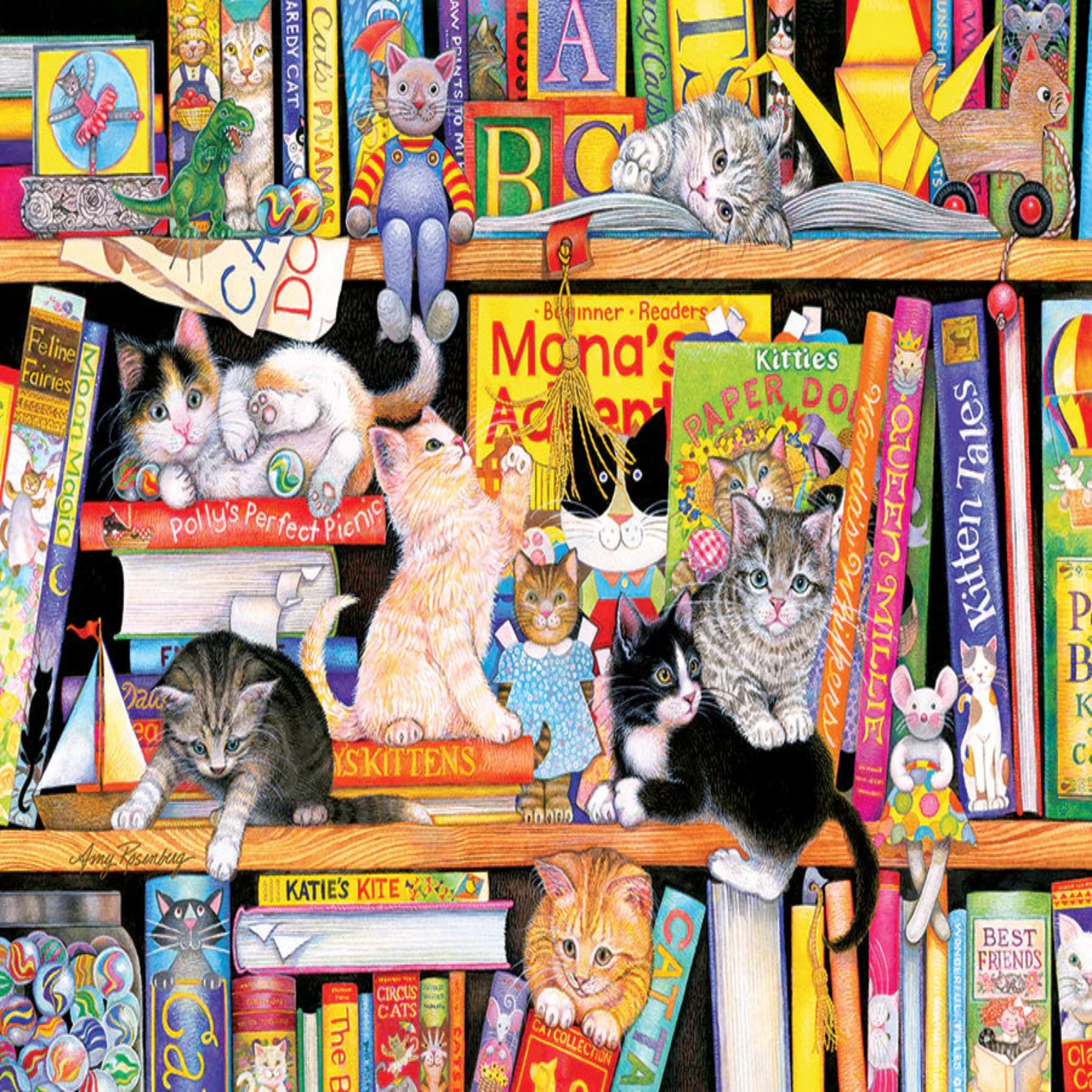 Illustration of cats on a bookshelf with books and toys
