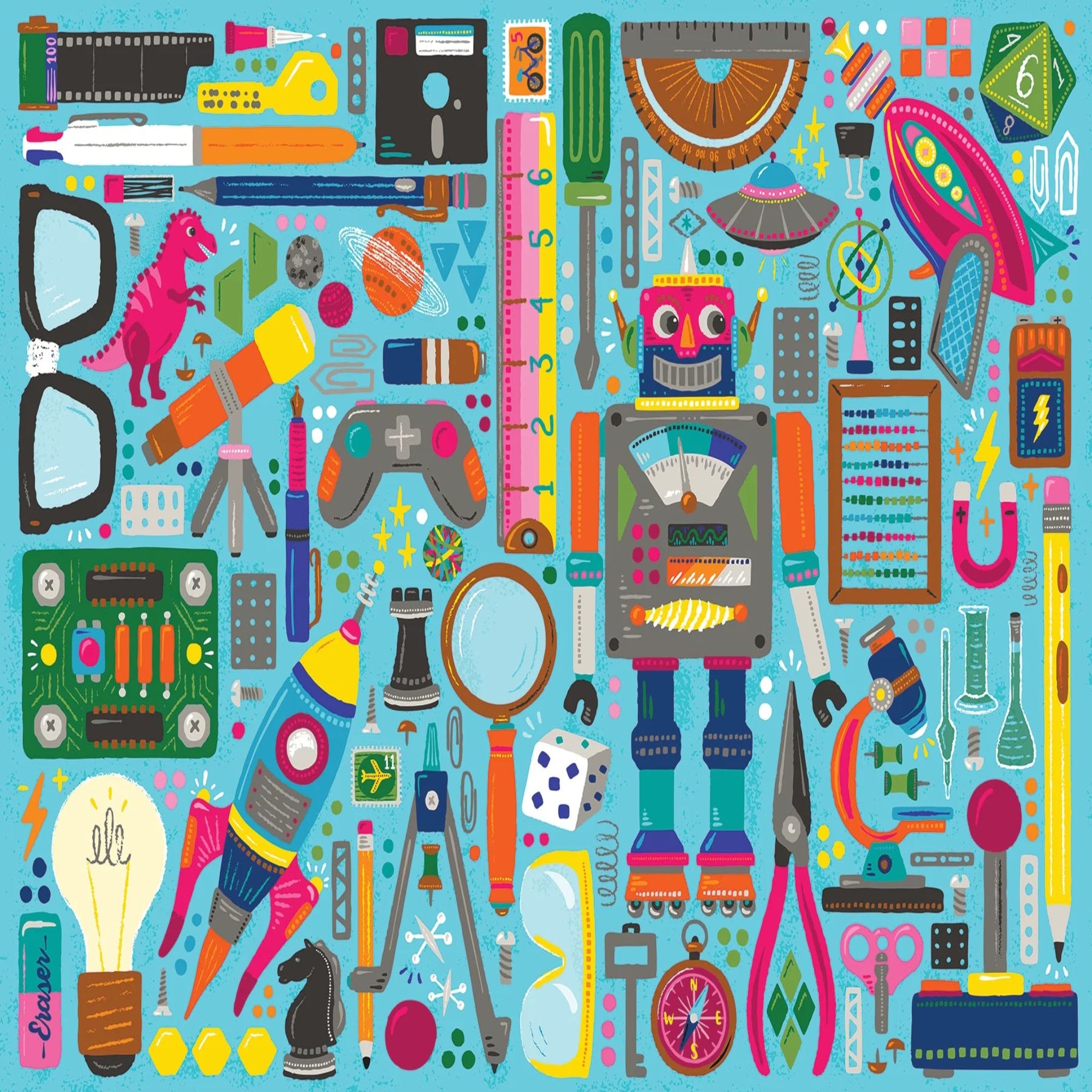 Colorful illustration of various educational tools and objects on a blue background
