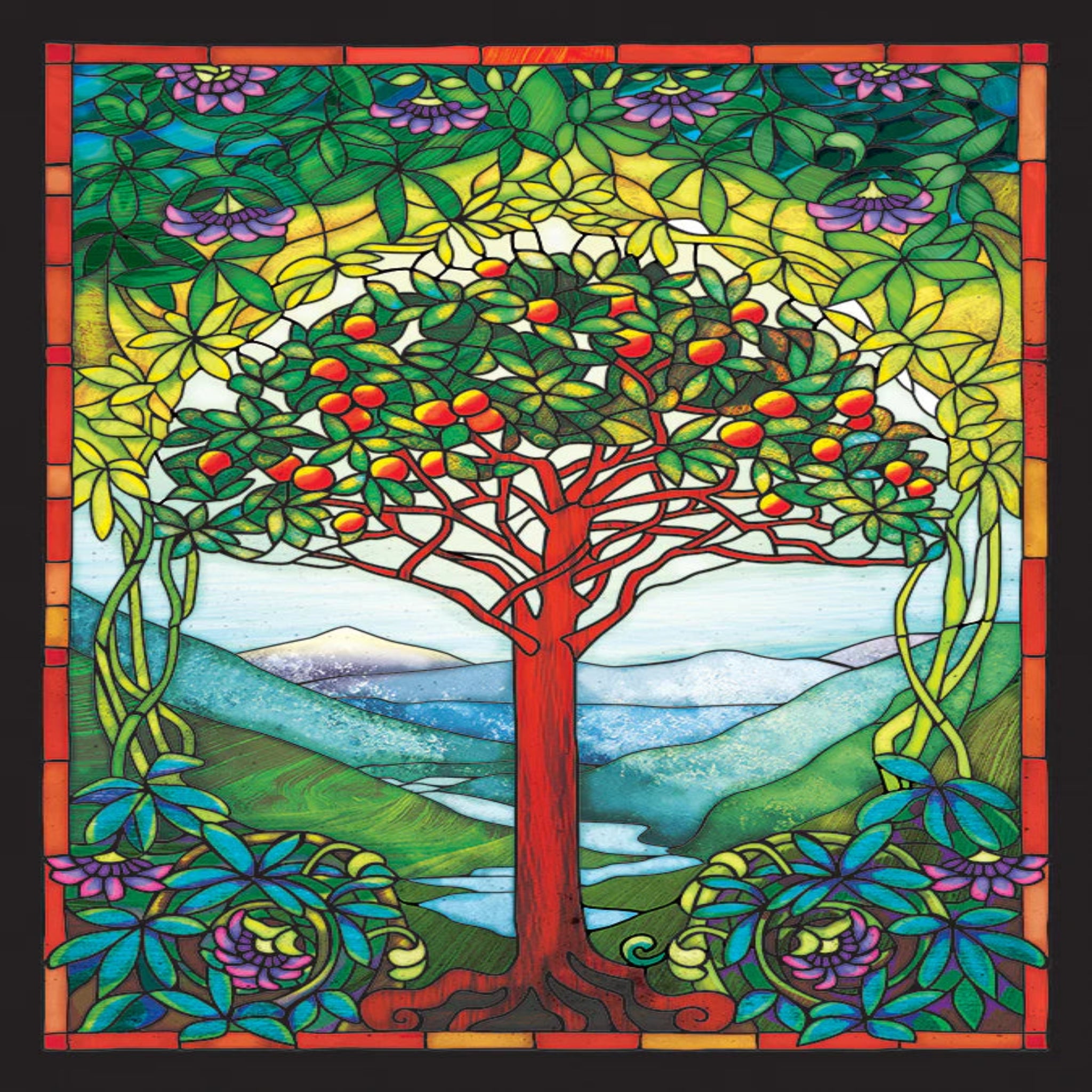 Colorful stained glass-style artwork of a tree with fruit, surrounded by nature elements.