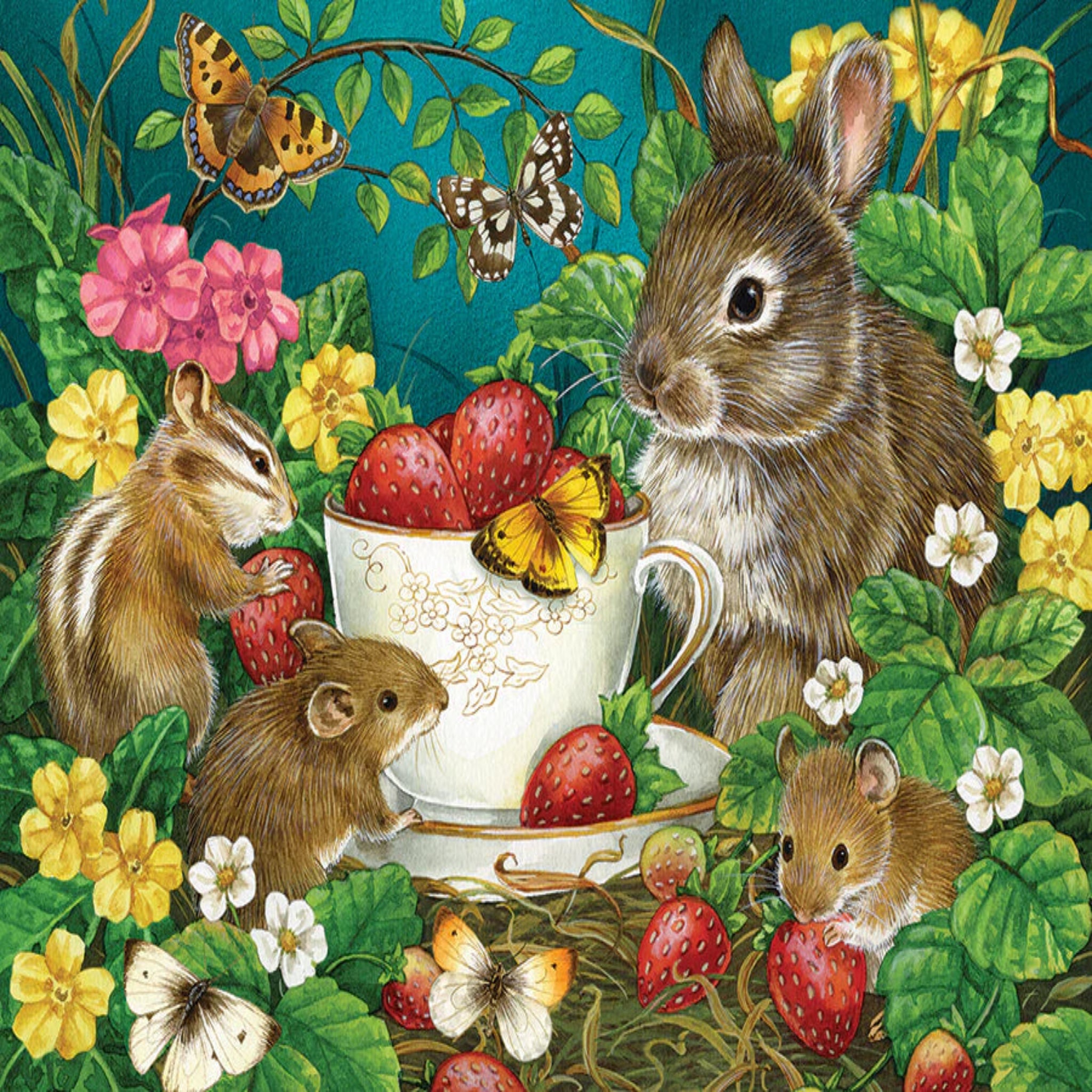 Illustration of animals around a teacup with strawberries in a garden setting