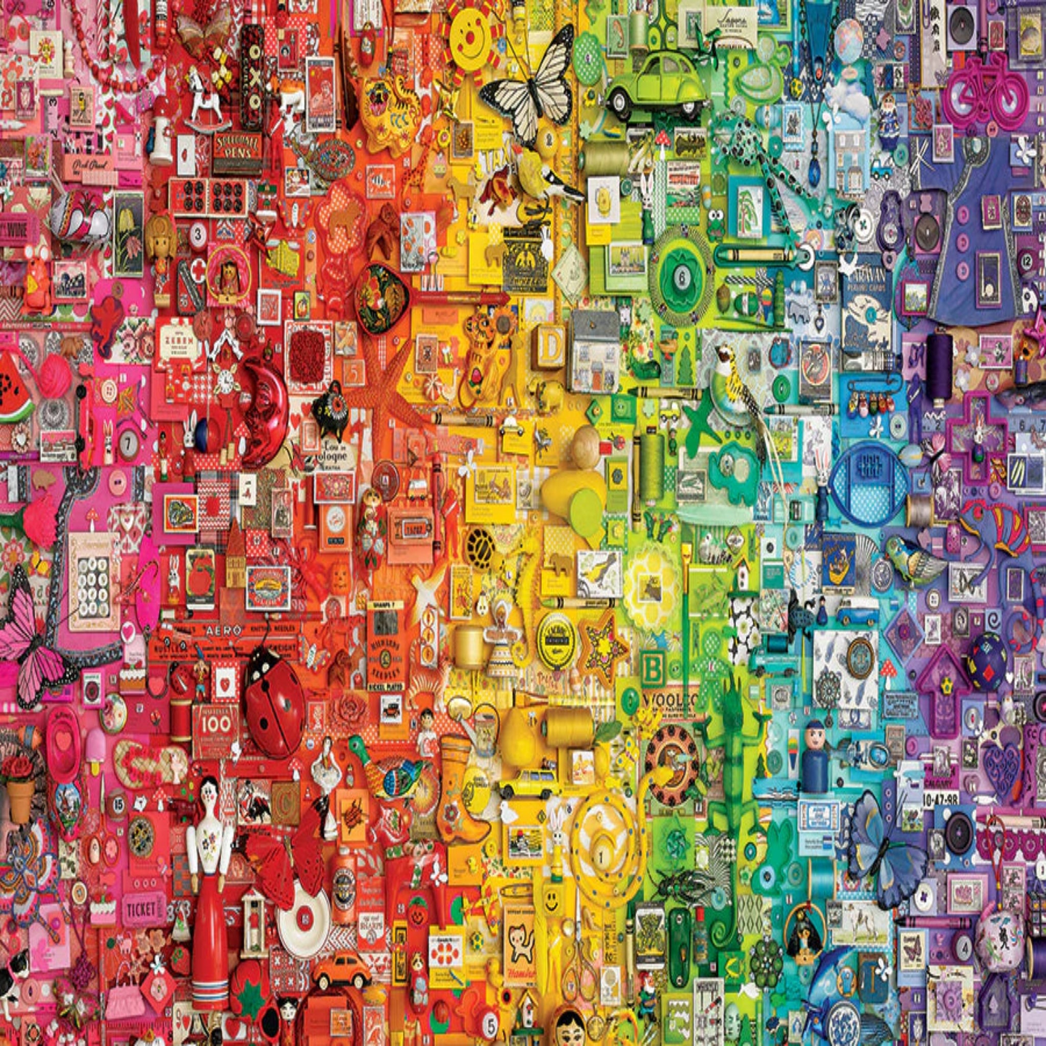 Colorful collage of various small objects arranged in a rainbow pattern.