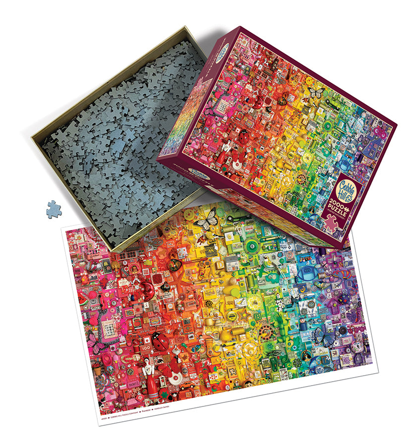Rainbow box opened, showing the pieces
