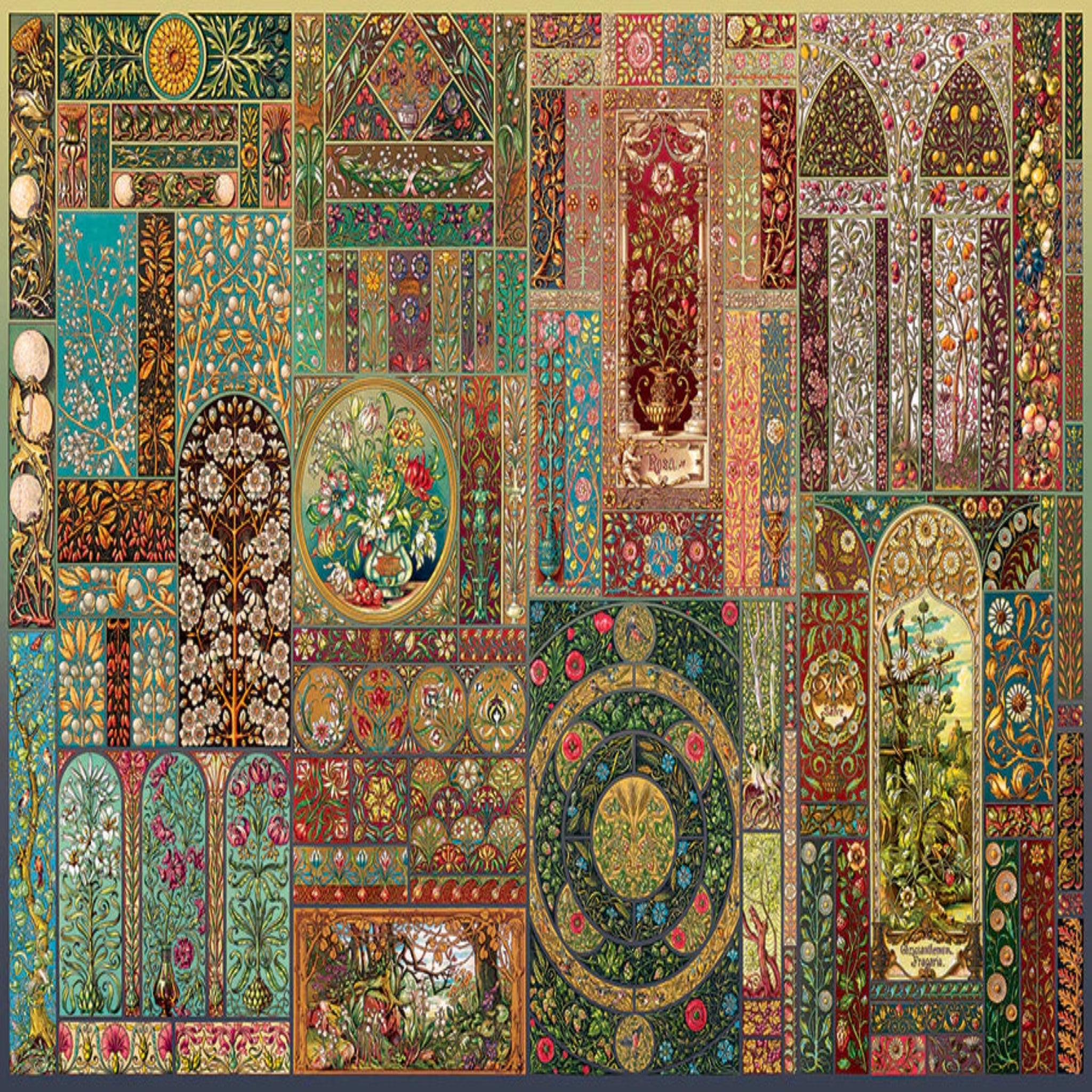 Decorative collage with intricate patterns and colors, featuring arches, floral designs, and geometric shapes.