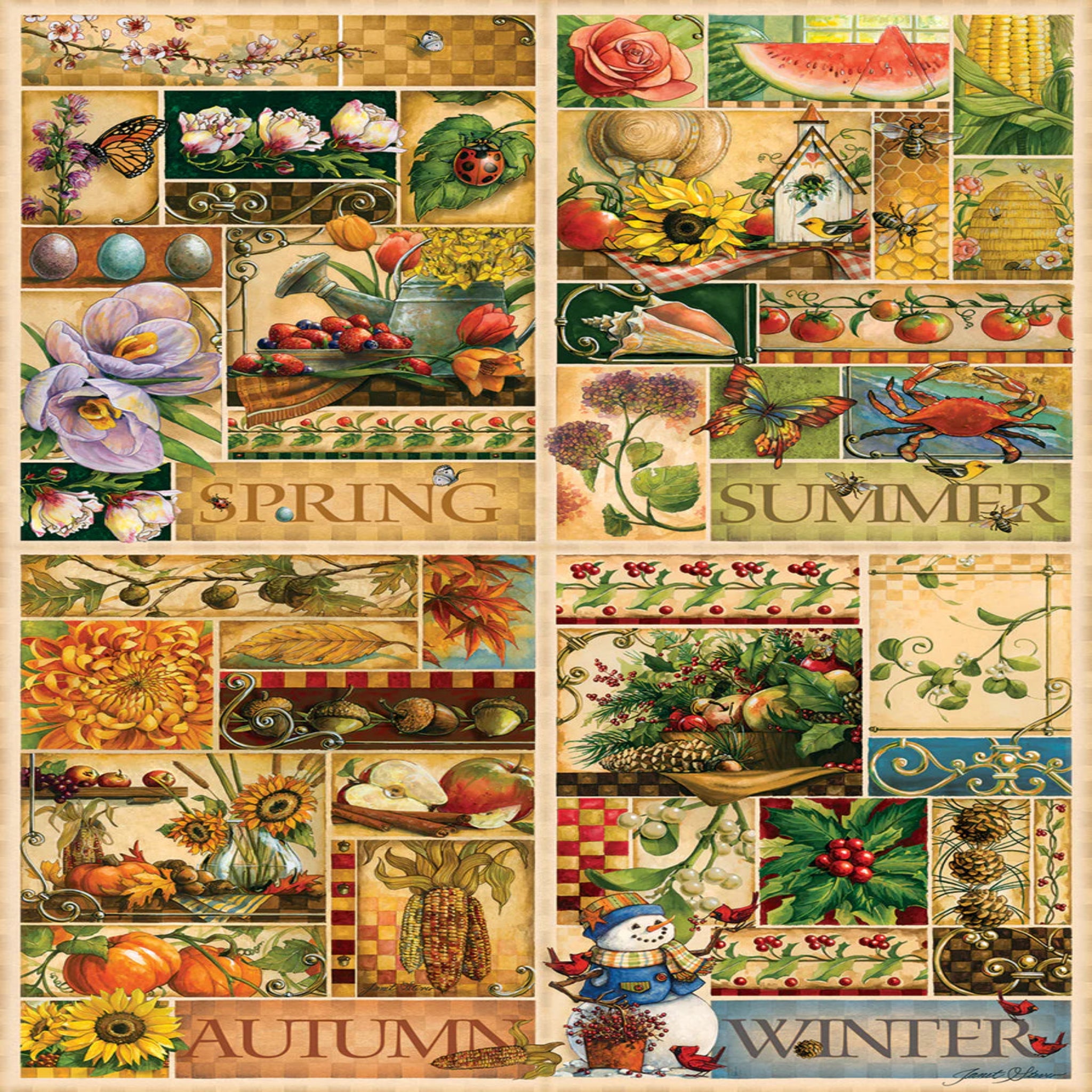 Four-seasons themed collage with seasonal elements and text