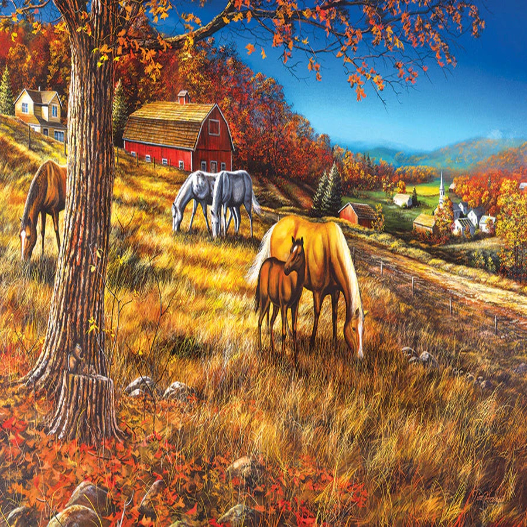 Painting of horses grazing in a field with a red barn and autumn trees.