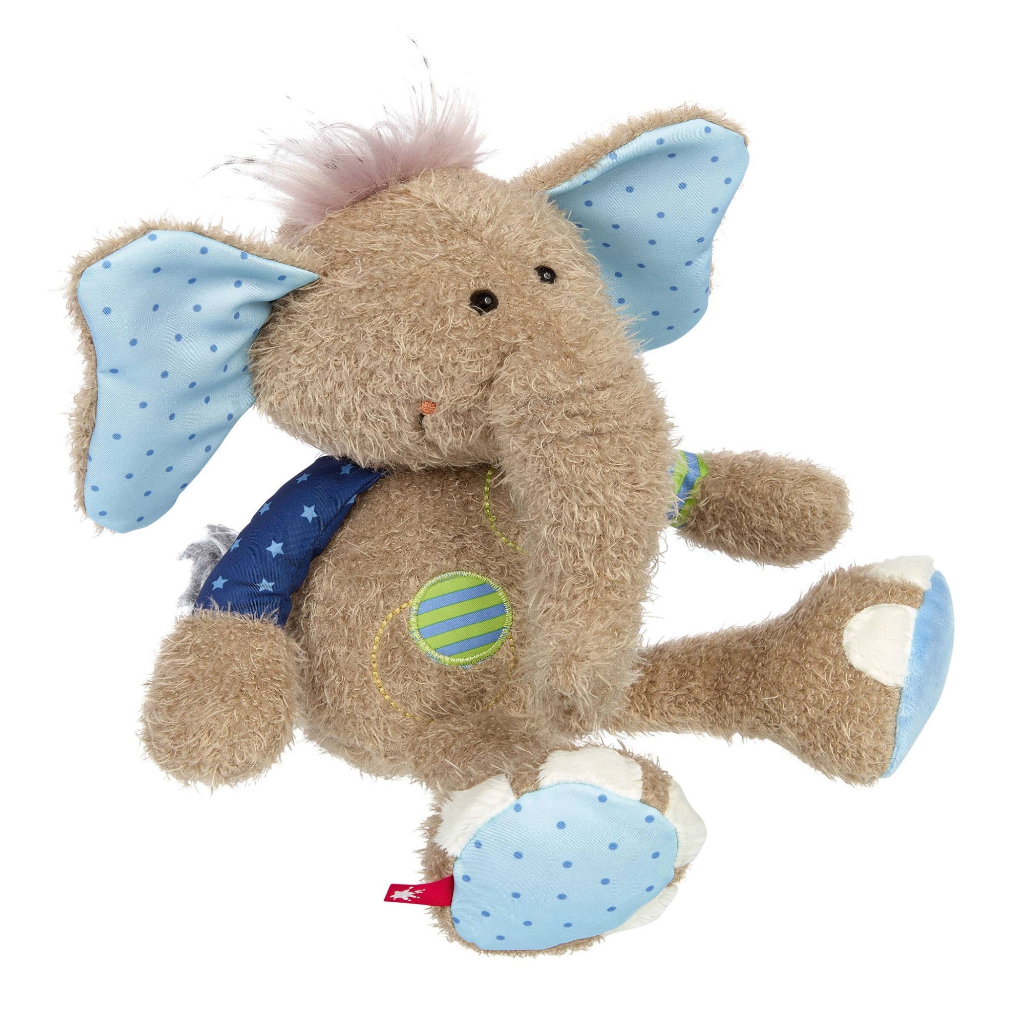 Plush toy elephant with blue ears and a tag on a white background