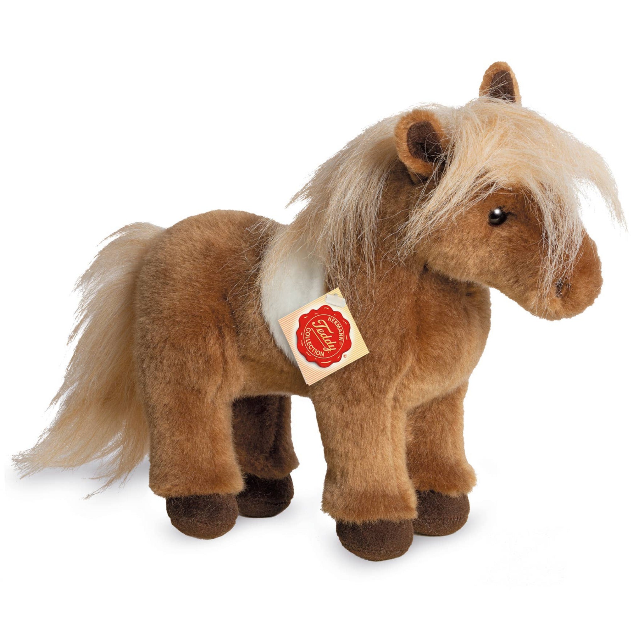 Plush toy horse with a visible brand tag on a white background
